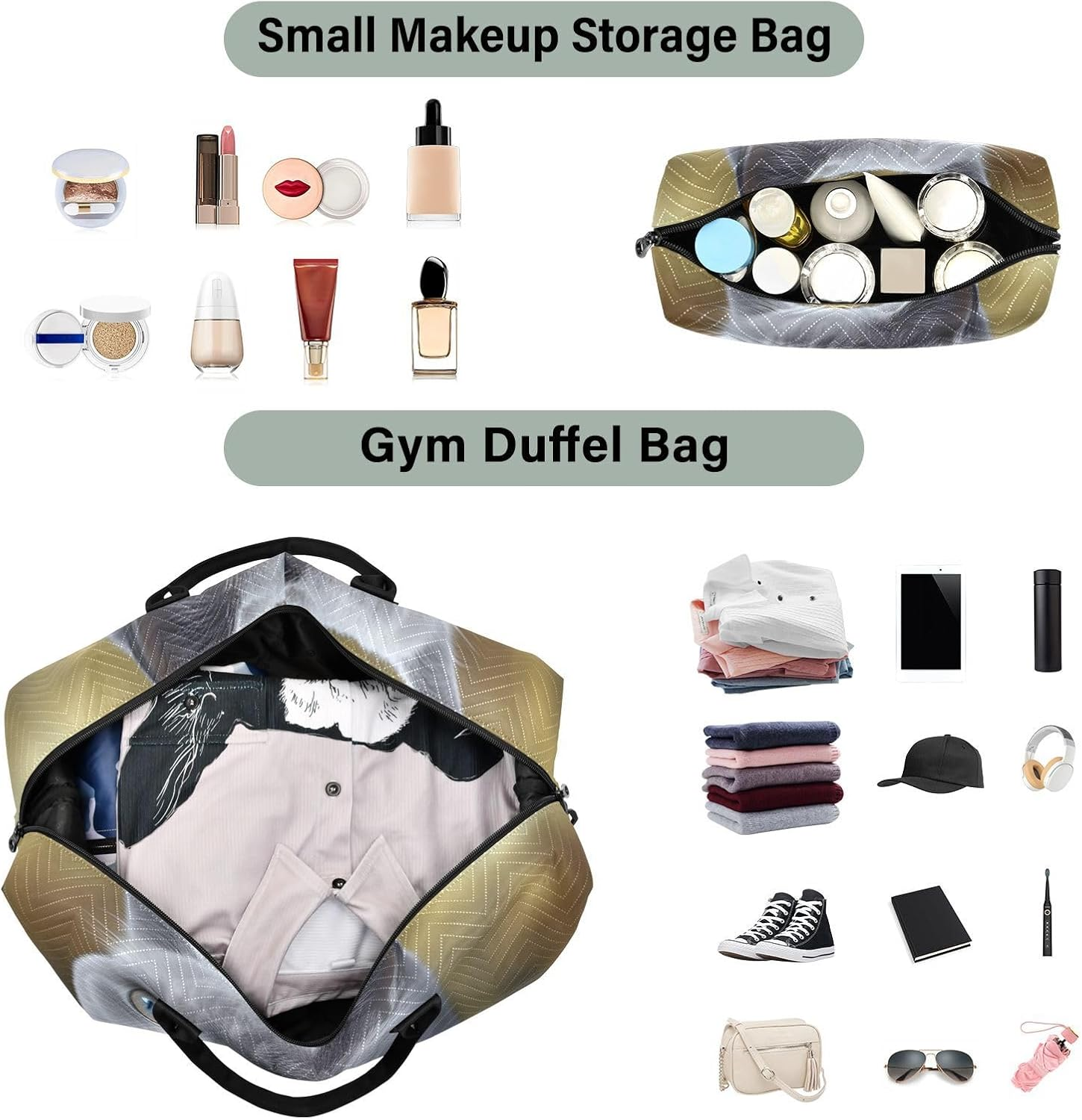 XYMZR Large Travel Duffel Bag, Grey Kitten Close up Sports Tote Gym Bag, Shoulder Weekender Overnight Bag for Women Men, Carry on Luggage with Toiletry Bags, Multi-Colored, Multi-Colored