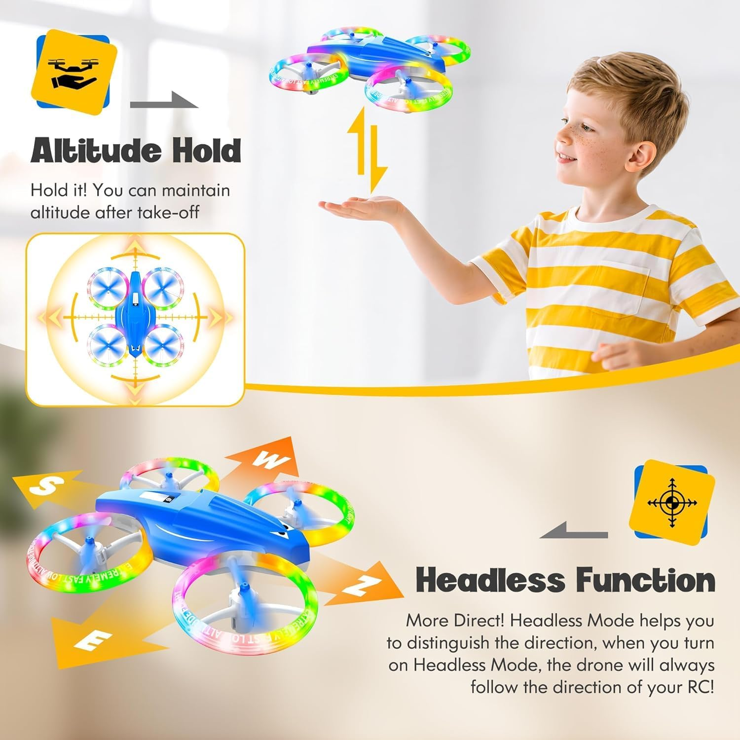 Drones Toys for Kids with Cool Light, 3D Flip, Altitude-Hold, Self-Rotation, Headless Mode, 3 Speed Modes, One-Click Take-Off/Landing, Mini Drone for Christmas, Beginners, Indoor image number 2