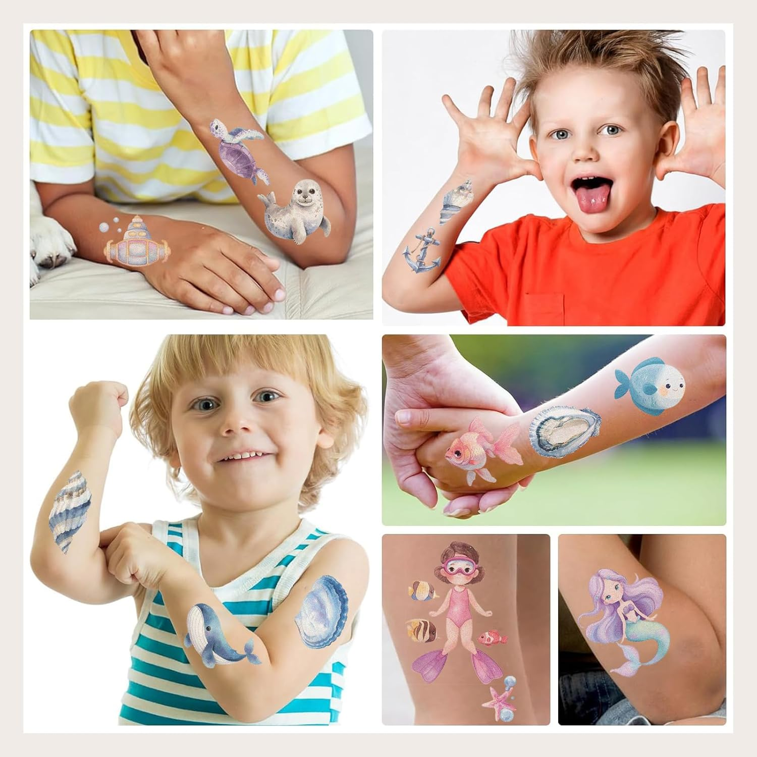 10 Sheets Ocean Animal Tattoos, Shark, Whale, Fish, Pre Kill Temporary Tattoos for Kids, Cute Themed Birthday Party Gifts, Decorations, Fake Tattoo Stickers image number 2