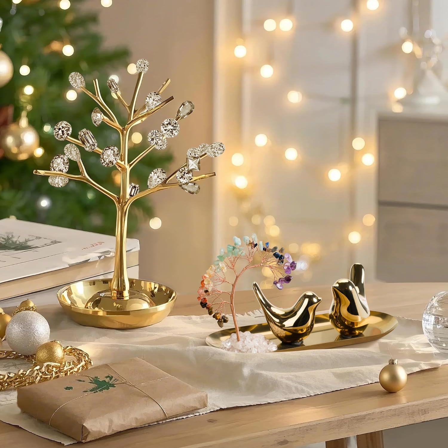 Zenbless Crystals Tree,Small Birds Statue,7 Chakra Healing Crystals Stones Tree Storage Tray Yoga Meditation Zen Room Office Home Decor Set Figurine Ornament Decoration Feng Shui Wealth Luck image number 2