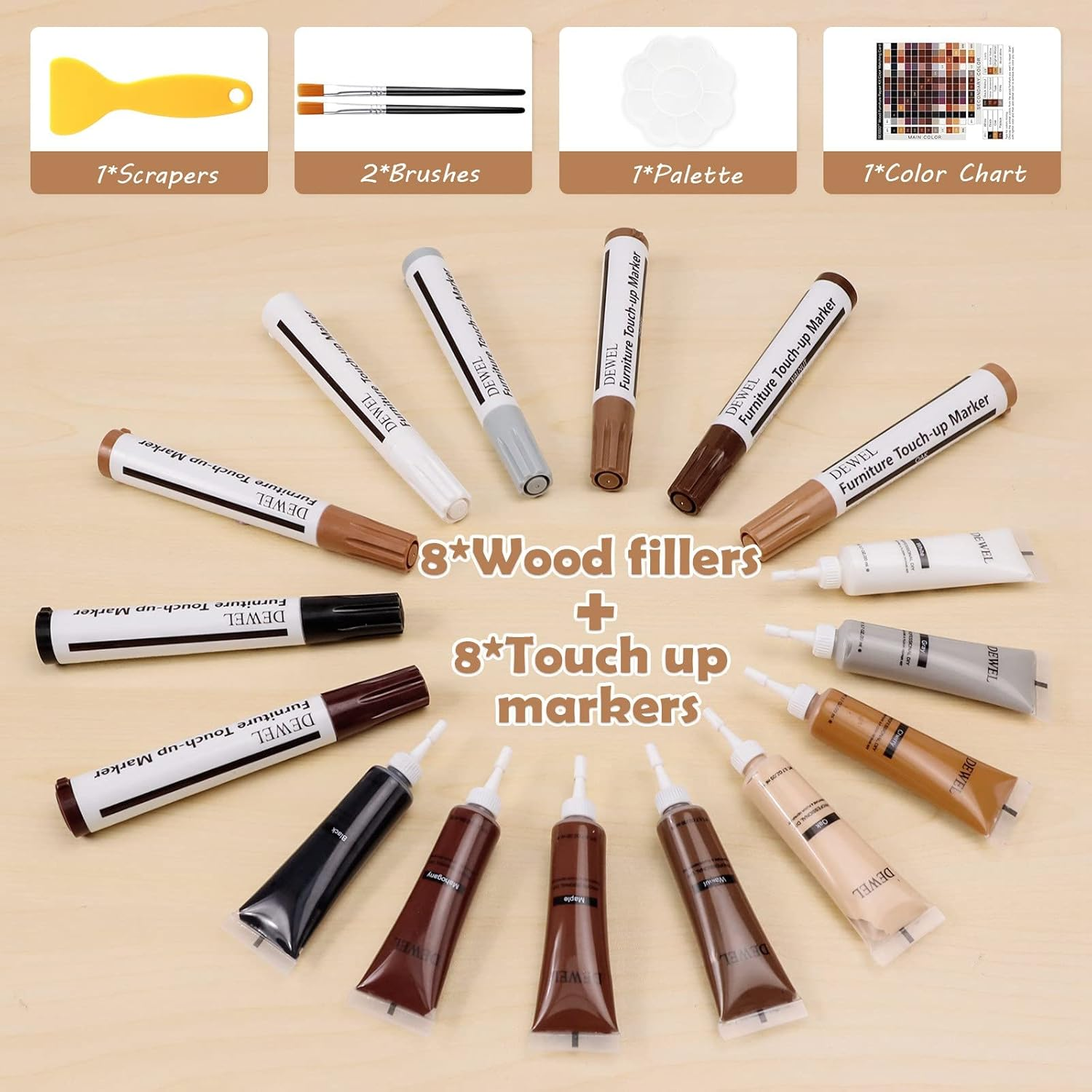 DEWEL Wood Furniture Repair Kit, Professional Wood Fillers and Furniture Touch up Markers Repair Stains, Scratches, Wood Floors, Tables, Cabinet, Carpenters, Bedposts