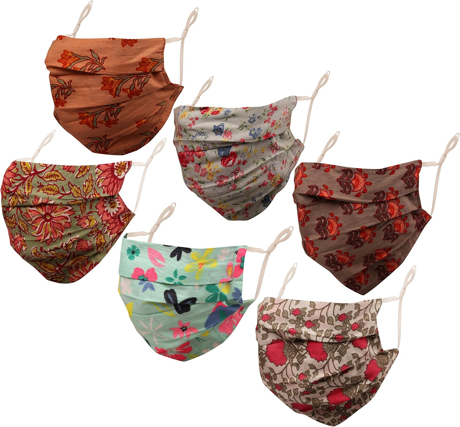 Touchstone Floral Fabric Adjustable Filter Pocket Nose Bridge Double Layer Cotton Face Mask Reusable Washable for Men, Women (Pack of 6). Grey Blue Orange Aqua Pink image number 5