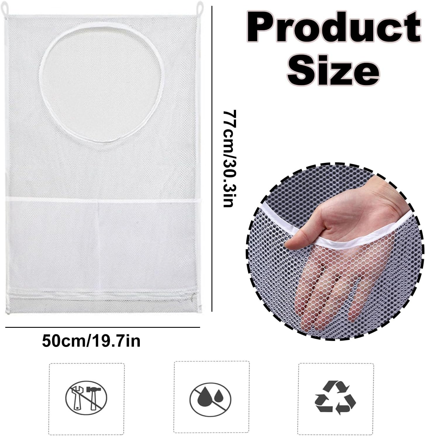 2 Pack Hanging Mesh Storage Bags, 77Cmx50Cm Mesh Sack with 4 Adhesive Hooks, Door Hanging Laundry Hamper Bag Perfect for Dormitory Bathroom Kitchen Storage Dirty Clothes/Junk Foods/Plush Toy image number 6