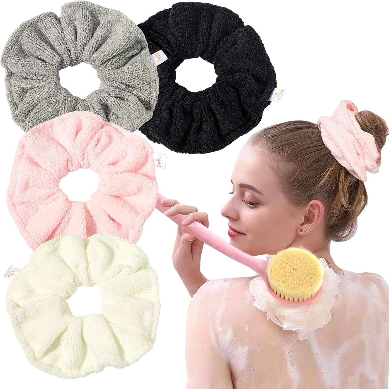 Ivyu Microfiber Hair Drying Scrunchies Towel Fiber Large Big Scrunchie for Curl Hair for Shower Wet anti Frizz Hair Products Absorbent Fast Terry Cloth Sleep Scrunchy