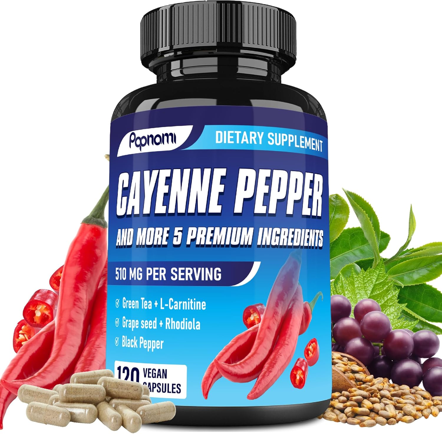 6In1 Cayenne Pepper Capsules - Blended with Green Tea, L-Carnitine, Grape Seed, Rhodiola & Black Pepper | 120 Count image number 2