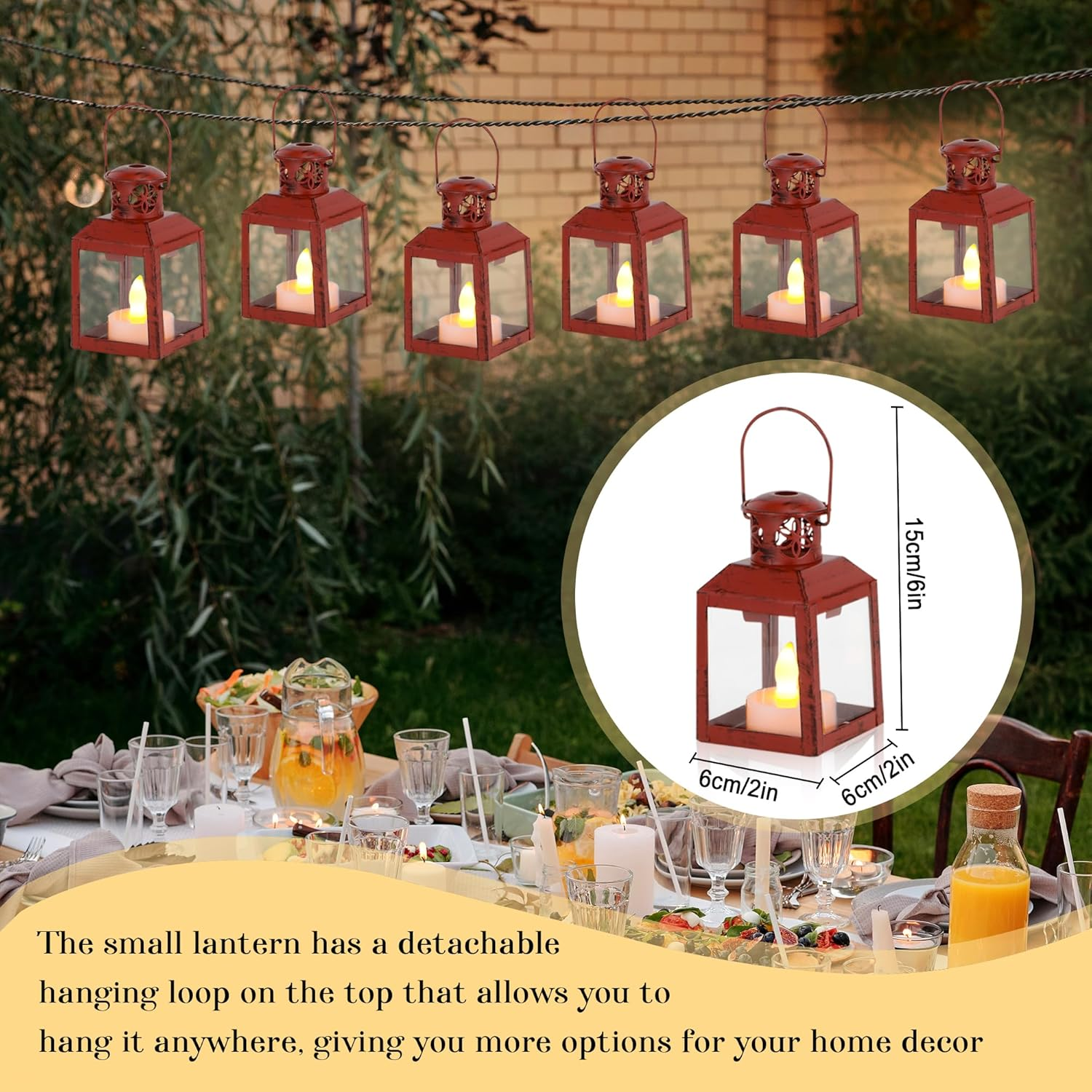 TRIROCKS Pack of 6 Small Metal Candle Lanterns Vintage Hanging Tea Light Holders Decorative Candle Holders for Table Valentine'S Day Patio Indoor Outdoor Gifts (Red) image number 5
