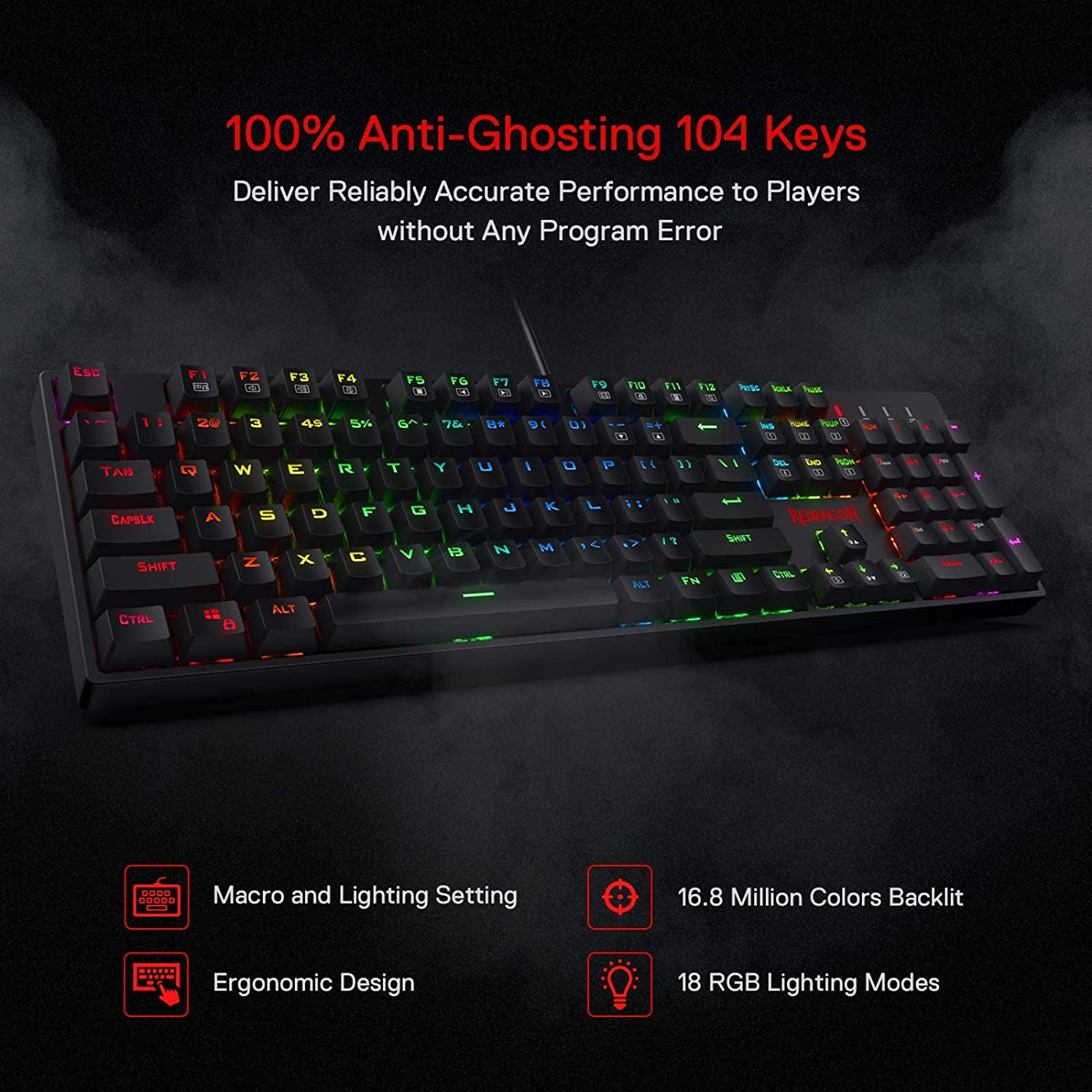Redragon K582 SURARA RGB Gaming Keyboard, 104 Standard Layout N-Key Rollover Mechanical Keyboard Built-In Linear & Quiet Red Switches, Ergonomic Design and Fast Actuation Prefect for Typing and Gaming image number 1