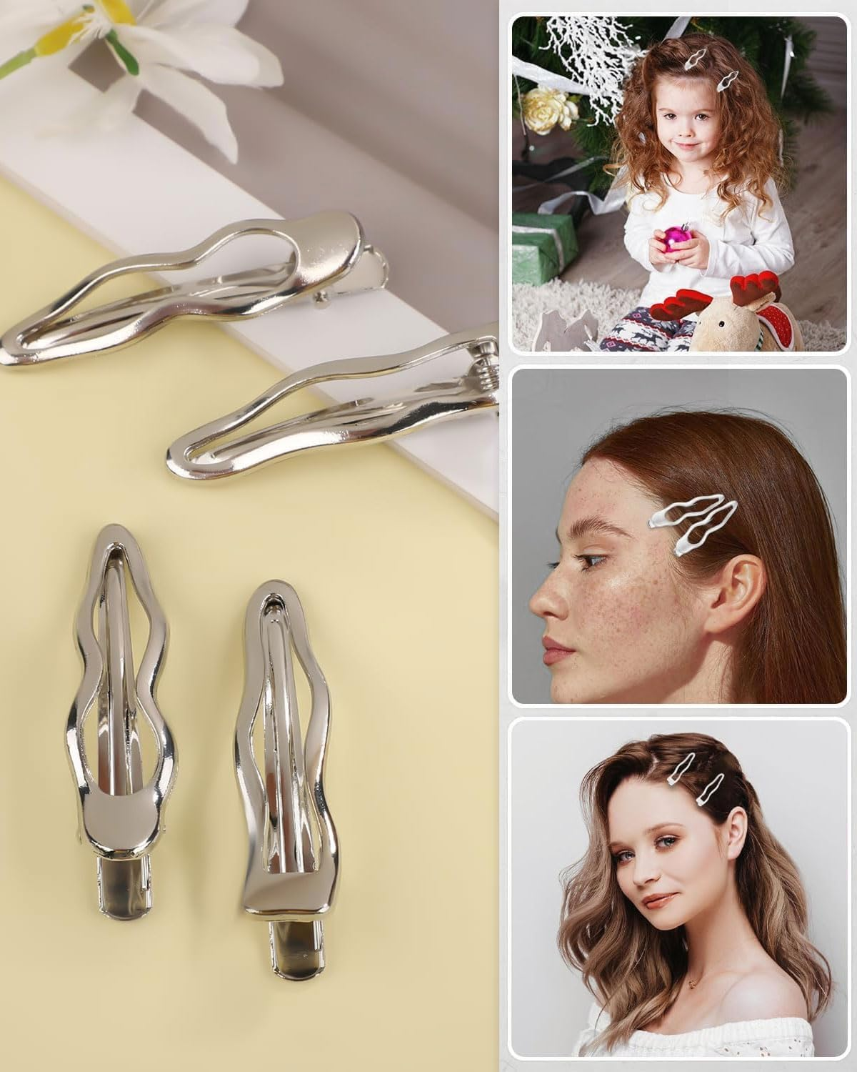 QLEUIFT Pack of 4 Silver Wave Metal Hair Clips, Women'S Alligator Hair Clips, Girls Hair Clip, Pony Hair Clip, Small Hair Clips, Hair Accessories, Hair Clip