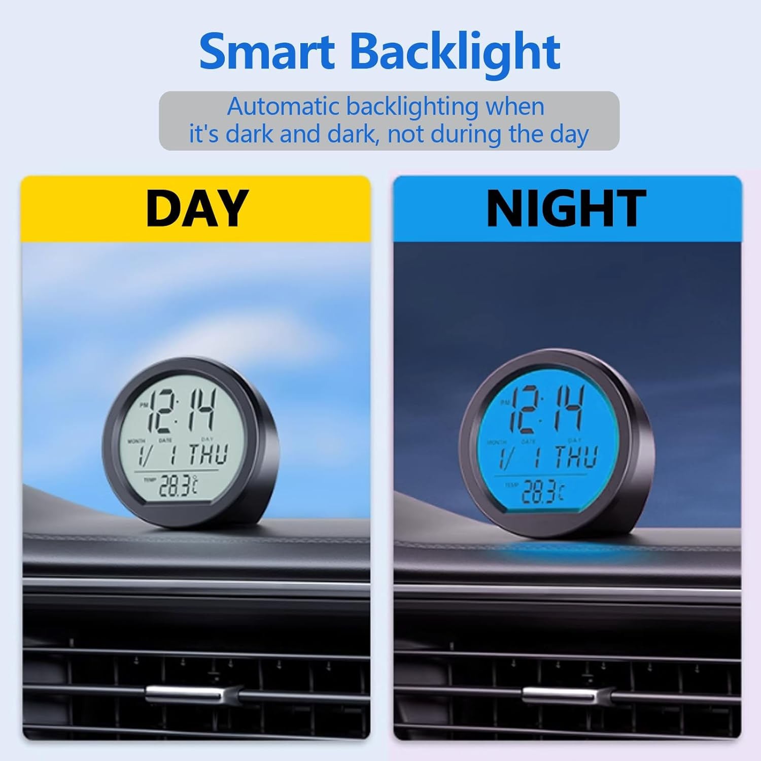 Timloon Car Dashboard Clock with Automatic Backlight at Night, Fahrenheit Temperature, 12/24 Hour Format Time, Calendar for Car Truck Office Home and Outdoor Camping (Includes Battery) image number 3