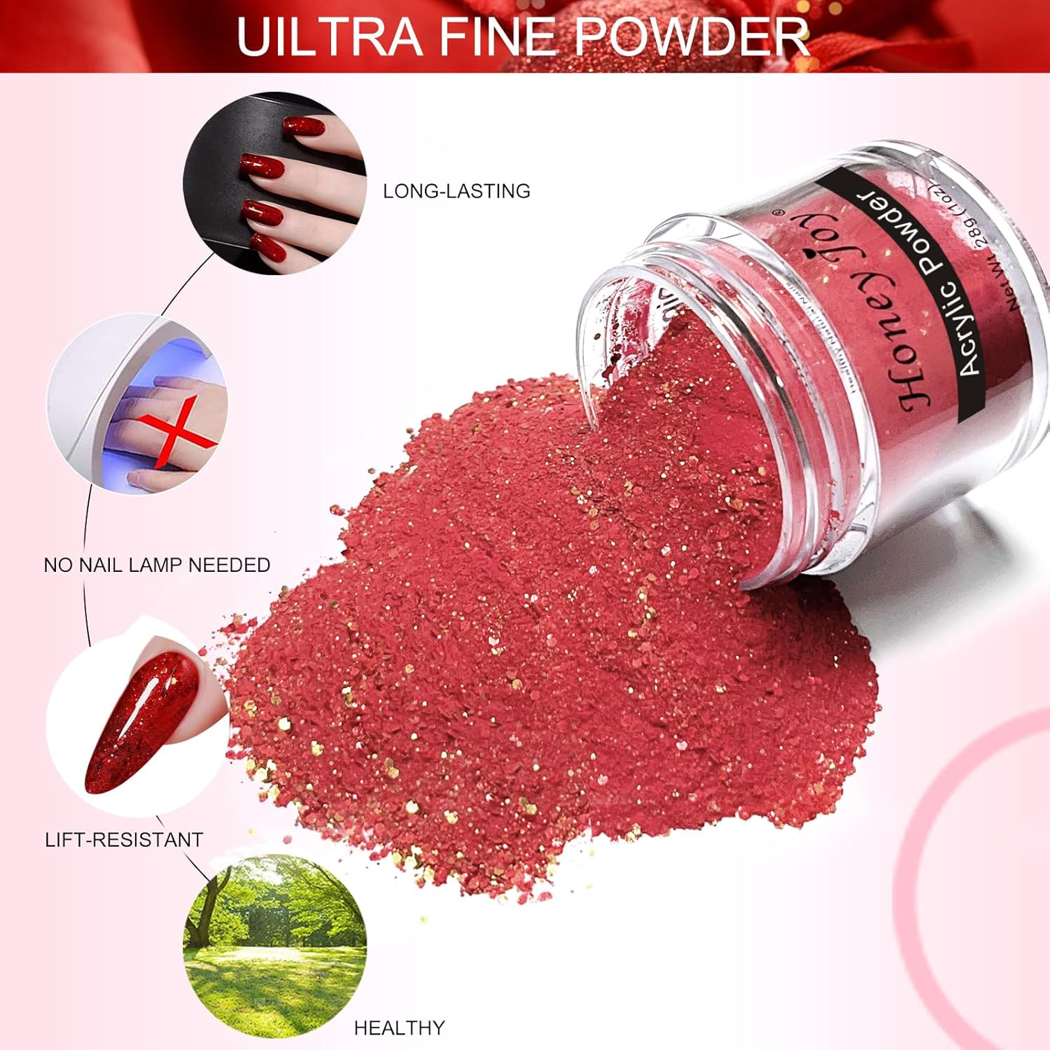 28G/Box Color Acrylic Powder Professional Red Glitter Acrylic Nail French Manicure Powder for Nail Extension Acrylic Nail System,Hj-Nap017-No.36 image number 2