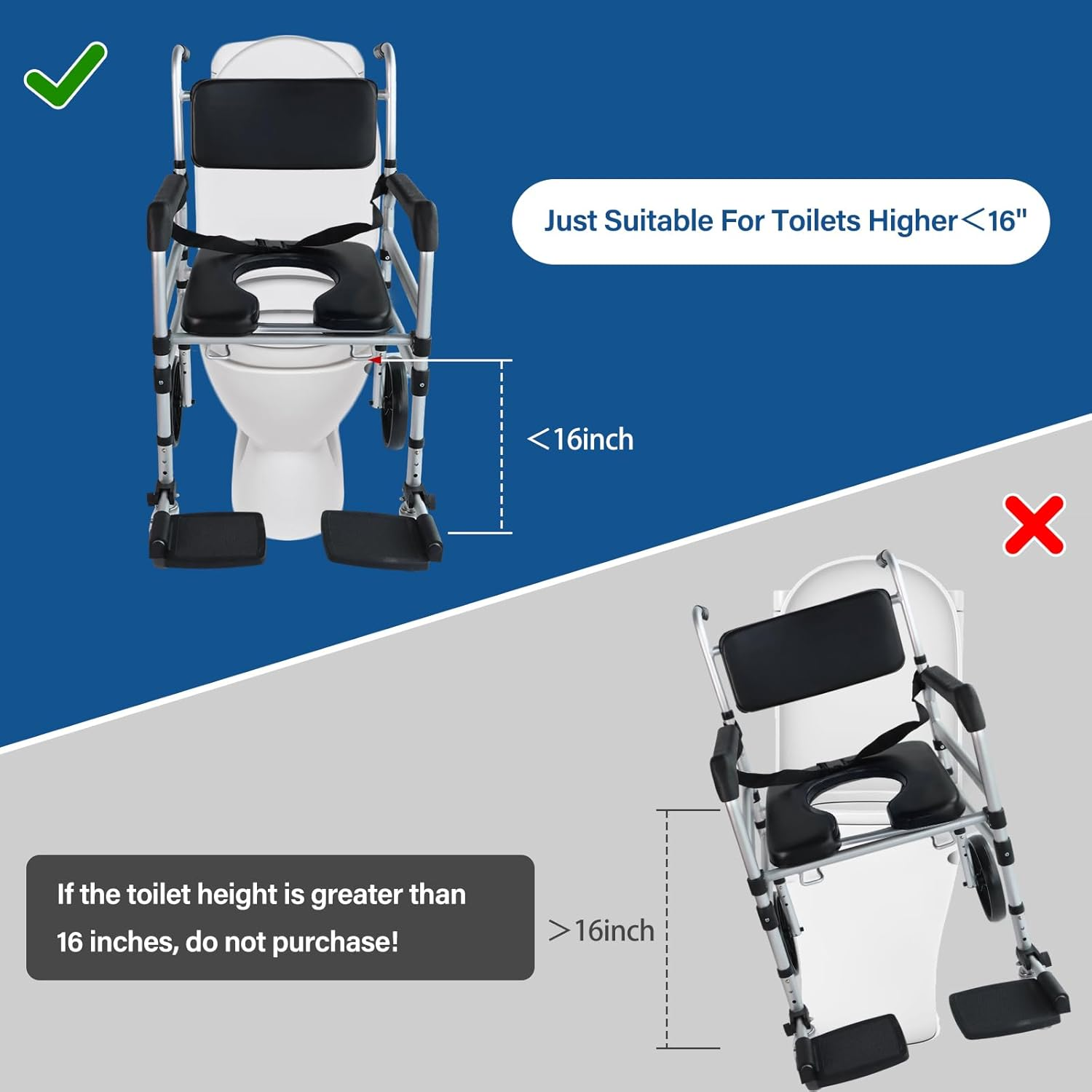 Rolling Shower Chair with Wheels for Elderly and Disabled, Foldable Wheelchair Lightweight Folding, Bedside Commode Chair with Arms for Toilet, Raised Toilet Seat Raiser with Handle for Senior image number 6