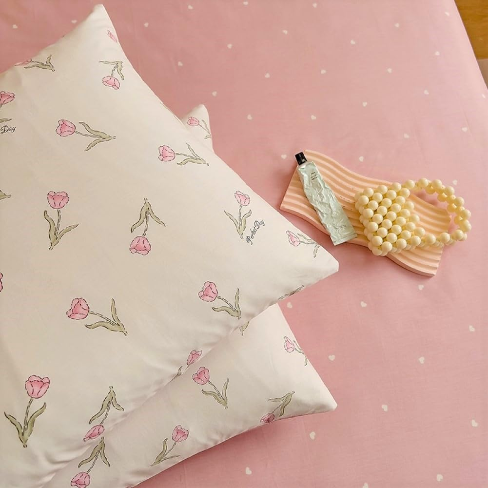 Covebett Cotton Duvet Cover Double Size White Pink Floral Flower Tulip Reversible Bedding Set 3Pcs, 1 Aesthetic Girls Quilt Cover 200X200 Cm with Zipper Closure and 2 Pillowcases 50X75 image number 4