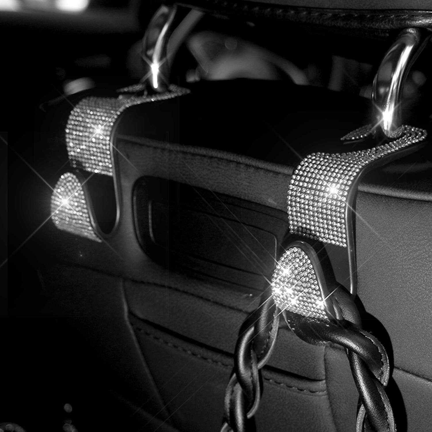 4 Car Headrest Hooks, Bling Car Seat Hanger Backseat, Bling Car Headrest Hangers, Backseat Bling Car Hooks with Rhinestone Diamond Hanger Back Seat Organizer for Vehicle. ( White Blings )