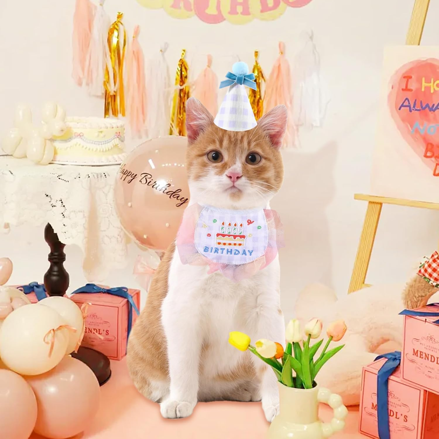 2Pcs Pet Happy Birthday Hat Scarf Set Cute Embroidered Cat Bandana Outfit Pet Bowknot Cone Hat Cat Plaid Pattern Princess Costumes Dog Lace Bib Pet Party Supplies Decoration (Blue) image number 4