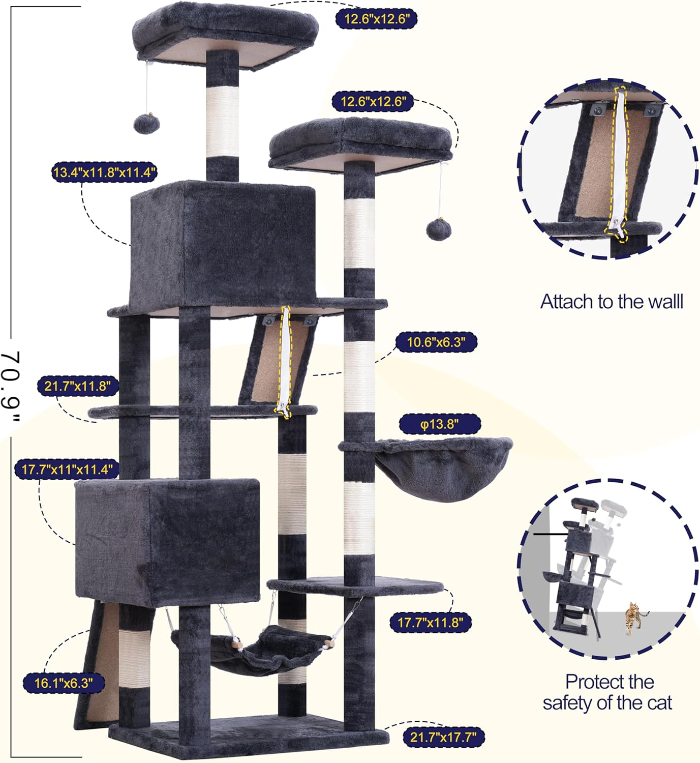 Gitelsnour Cat Tree, 71'' (180Cm) Cat Tower for Indoor Cats Large Adult, Multi-Level Cat Tree Tower with 2 Scratching Boards/Posts, 2 Plush Perches, 2 Cat Condos, Hammock, Smoky Gray GCT032G - Black And Red image number 2