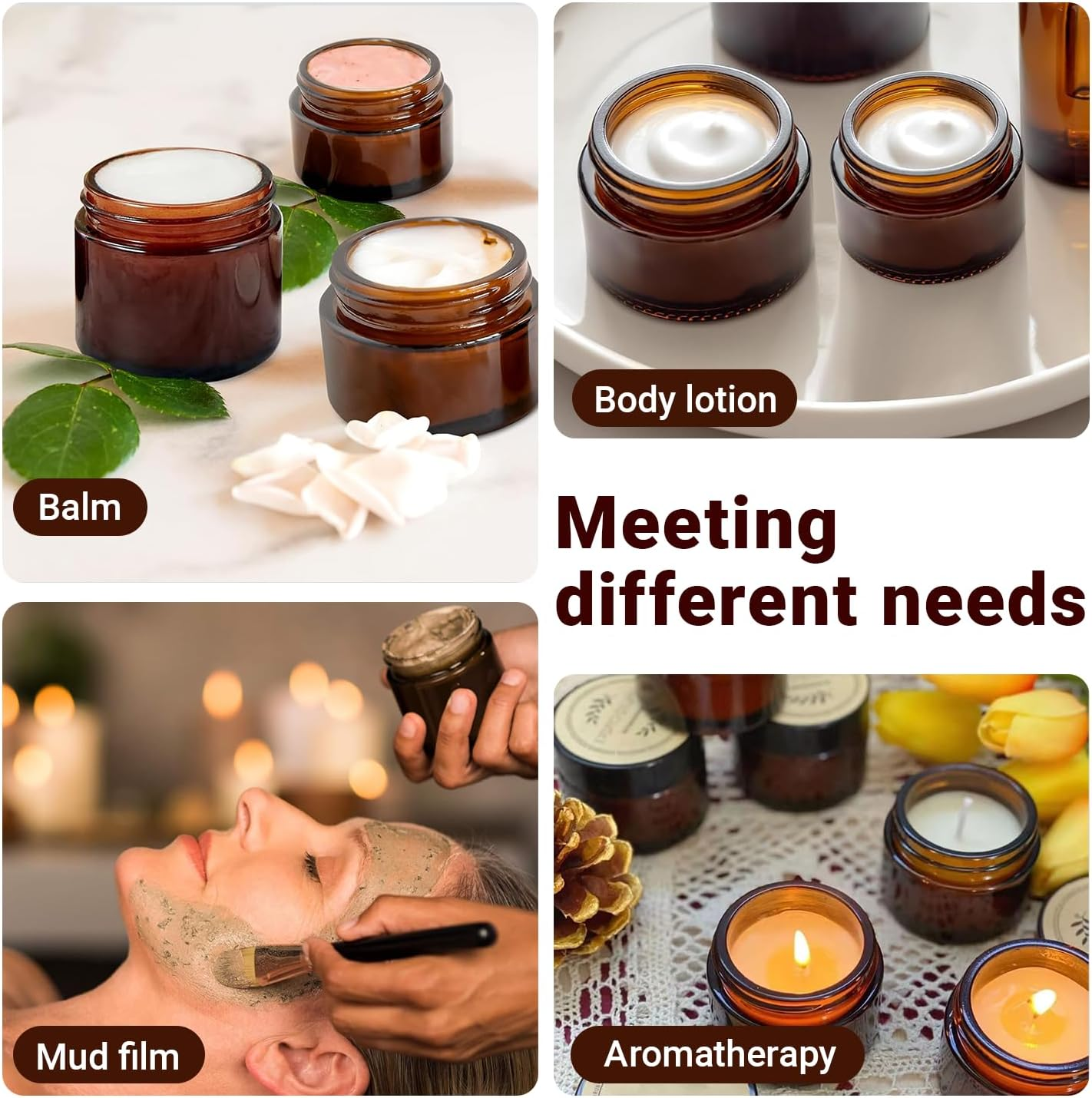 JOWILIN Glass Cosmetic Containers Set, 6 Pcs 50G/50Ml Empty Sample Jars with Inner Liners & Lids & 4 Spatulas Tool, Portable & Reusable Pot, Refillable Travel Jars for Makeup, Lotions, Cream (Amber) - Clear image number 2