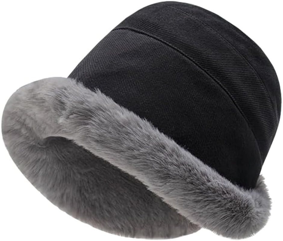 Plush Fuzzy Bucket Hat for Women Warm Fluffy Faux Fur Fisherman Cap Winter Ski Outdoor Windproof Warm Fleece Lining Hat