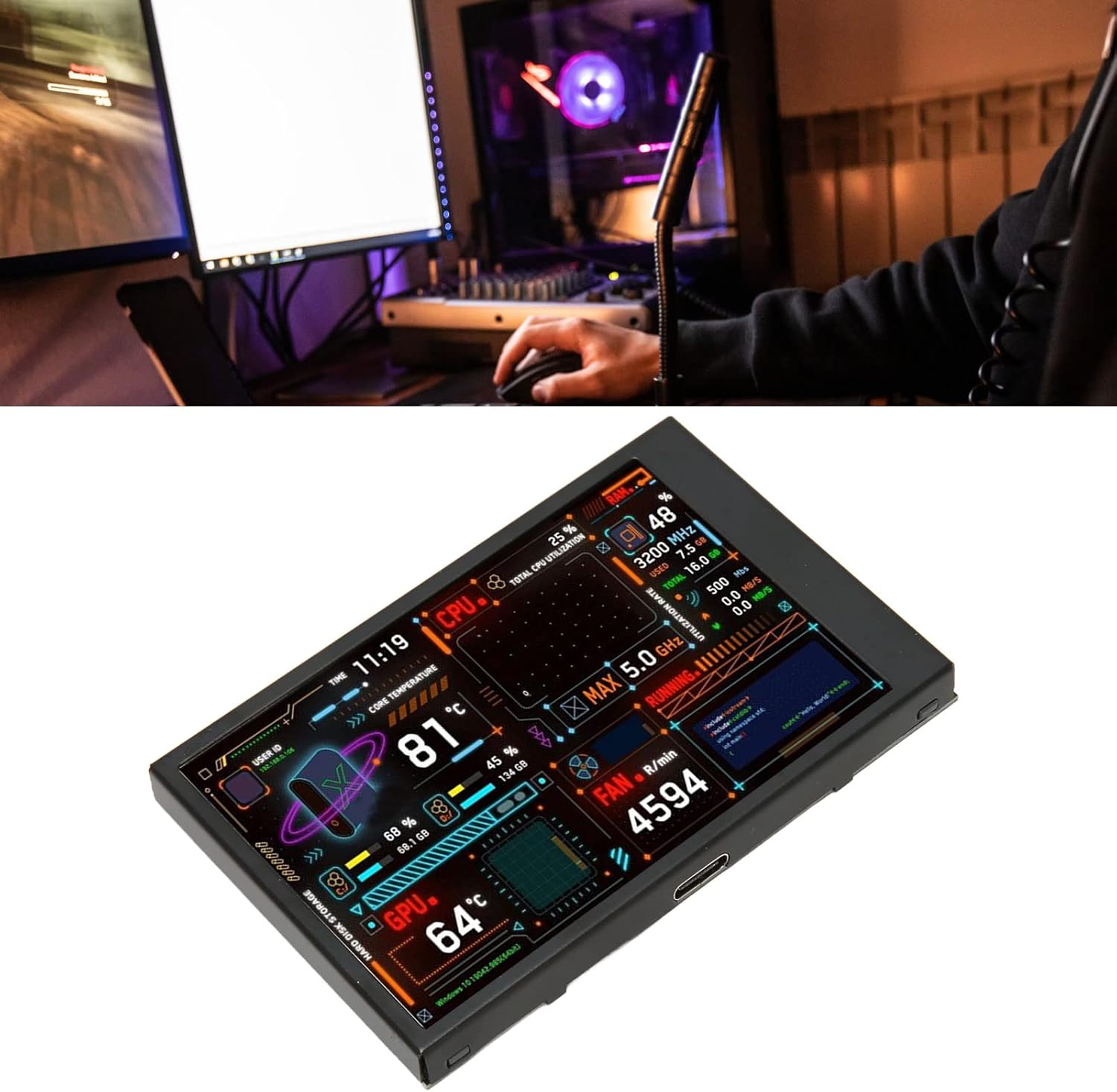 Computer Temperature Monitor, 3.5 Inch Display, Data Display, USB C Interface, Customizable Layout, Brightness Adjustment, Black, for System image number 1