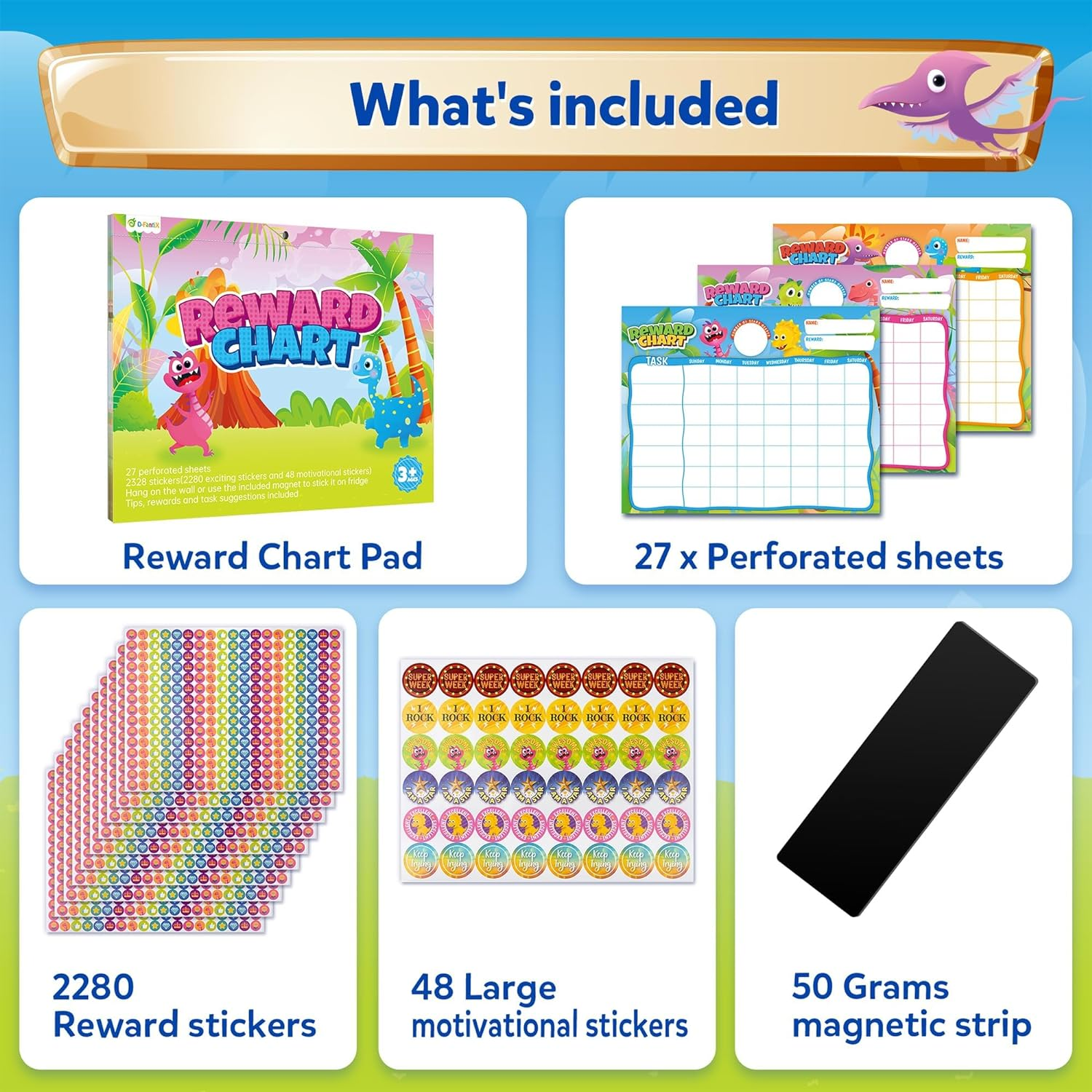 D-Fantix Reward Chart for Kids - Pad with 27 Customized Chore Charts, Behavior Chart for Kids at Home, Sticker Chart to Motivate Responsibility and Good Habits, 2280 Stickers & 48 Incentive Stickers image number 6