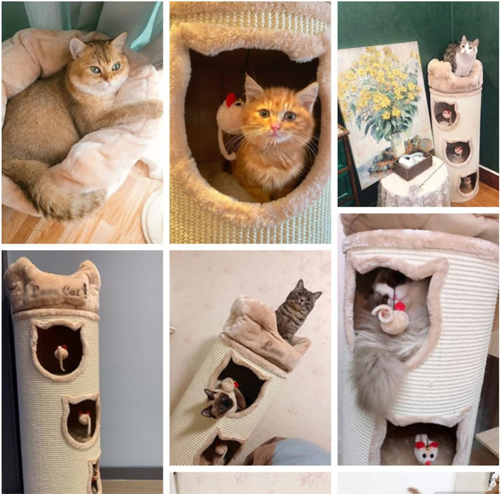 Beige Cat Tree Sisal Barrel for Indoor Cats, Removable and Washable Cushion on Top, Cat Activity Tower Cozy Rest Area image number 3