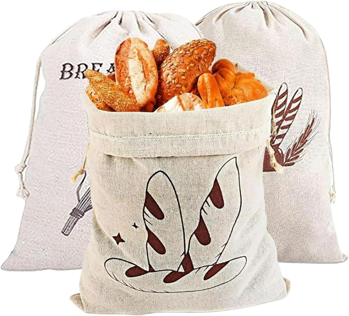 Yharnamite 3 Pcs Linen Bread Bags, 30 X 40Cm Large Capacity Bread Storage Bags with Drawstring, Reusable Food Storage Bread Keeper for Homemade Bread, Baguette, Fruit, Vegetables image number 4