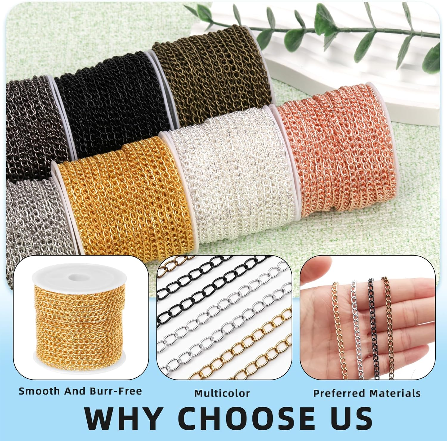 Glarks 102Pcs 30 Feet White Cable Link Chains Set with Lobster Clasps and Jump Rings for Jewelry Making - Black image number 2