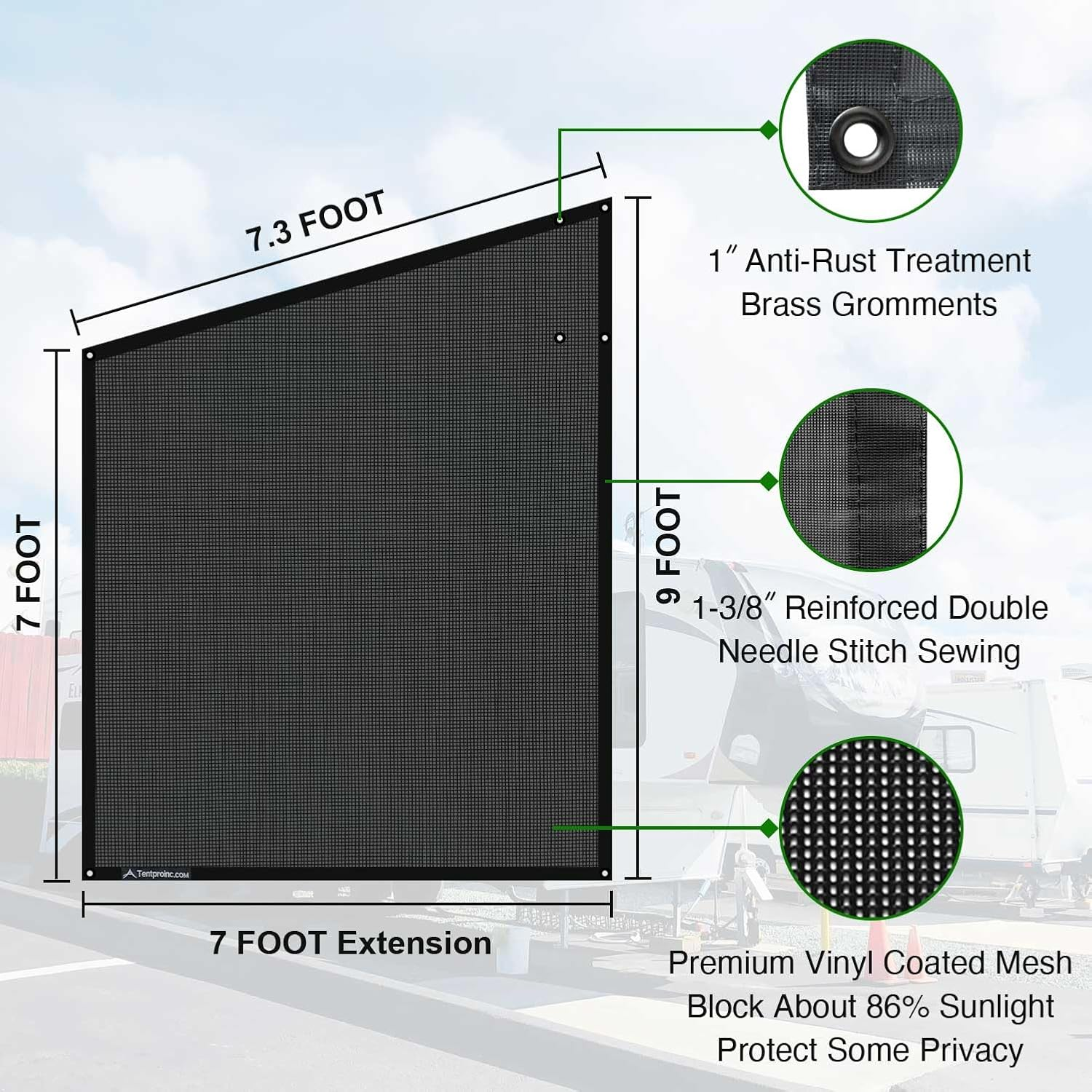 Tentproinc RV Awning Side Sun Shade Net 9'&times;7' Black Complet image number 2