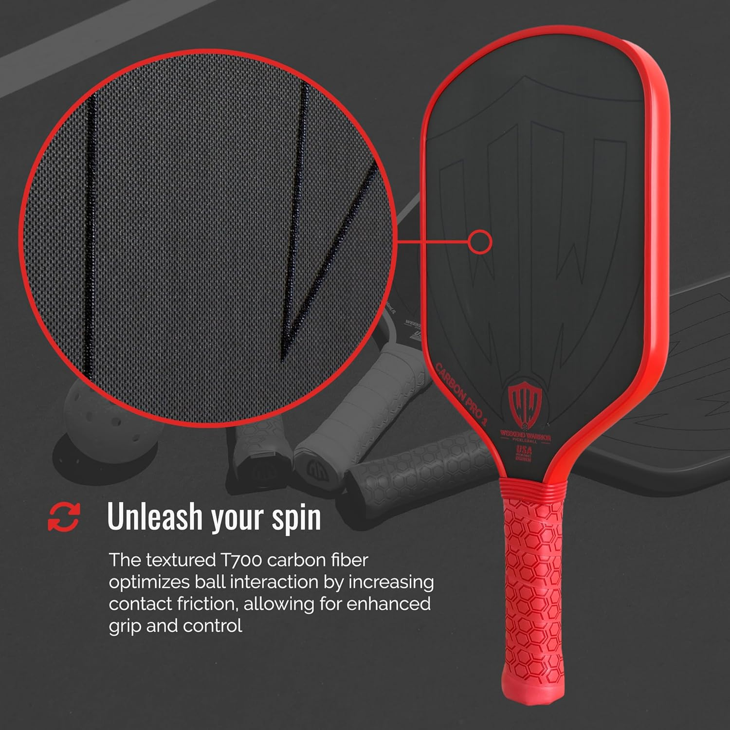 Paddle - USAPA Approved - T700 Carbon Fiber for Ultimate Spin - Elongated Handle and Shape for Power - Paddle Cover, Paddle Eraser, Lead Tape, Sweatband Included - Red image number 2