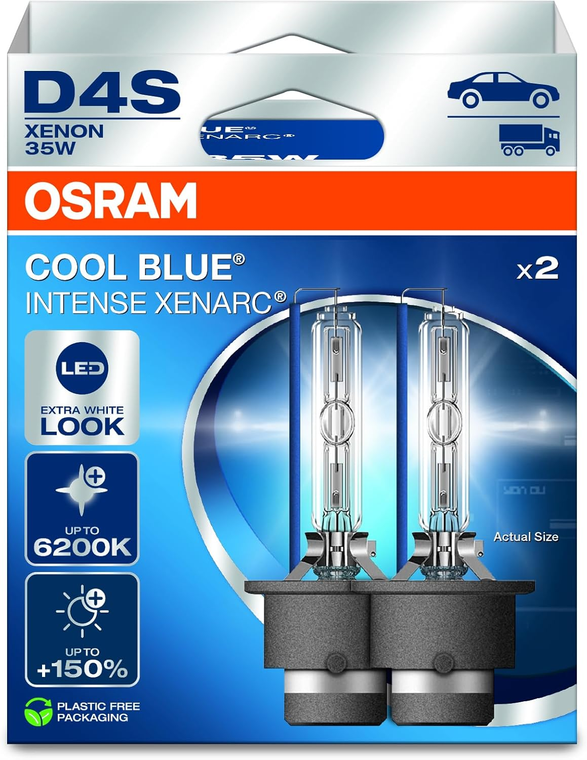 Osram Xenarc Cool Blue&reg; Intense D3S, +150% More Brightness, up to 6,200 K, Xenon Headlight Lamp, LED Look, Hanging Folding Box (2 Lamps) image number 4