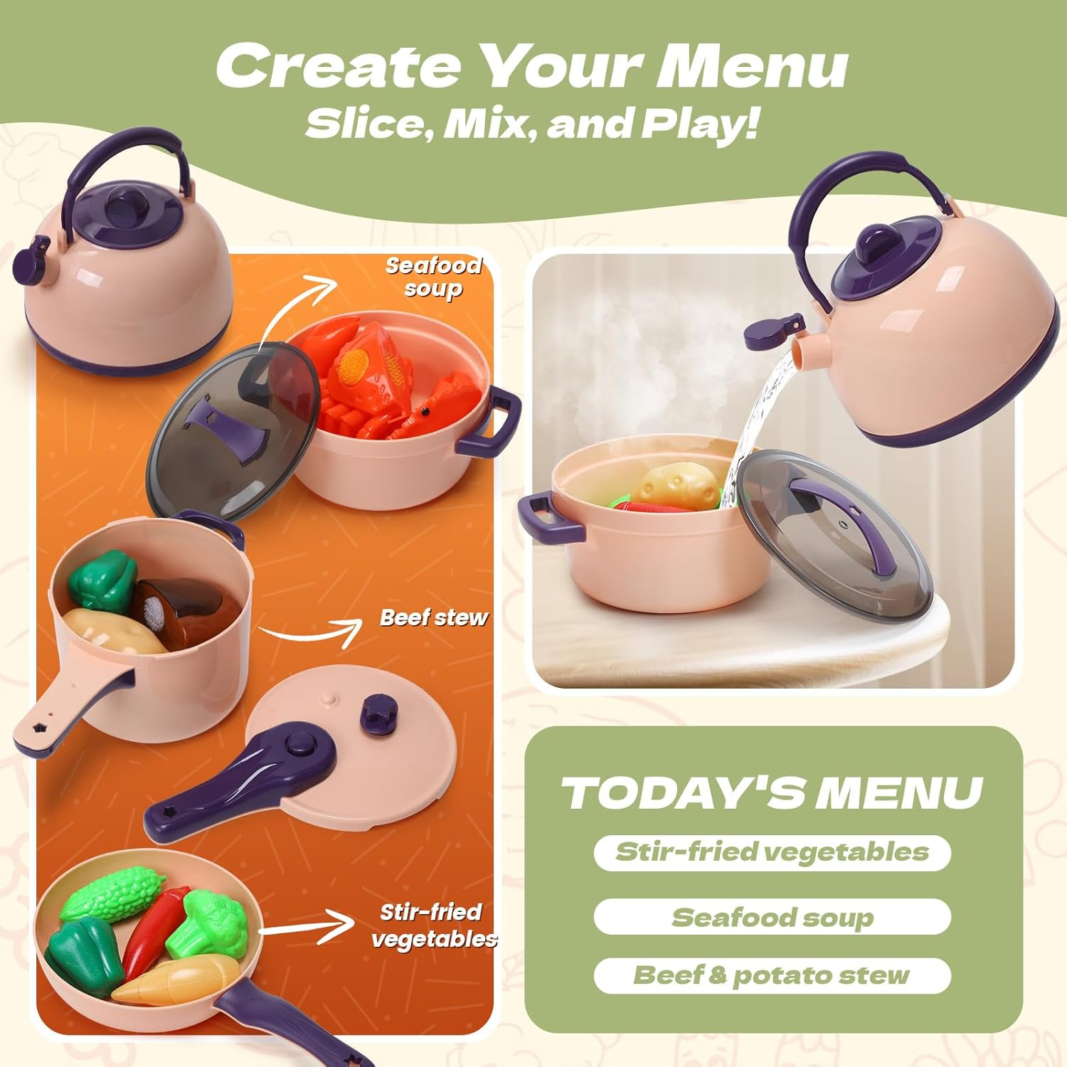 CUTE STONE 51-Piece Mini Play Kitchen Accessories for Kids, Pretend Cooking Playset with Pots, Pans, Utensils, Cutting Fun Fruits & Veggies, Learning Gift for Toddlers, Girls & Boys image number 4