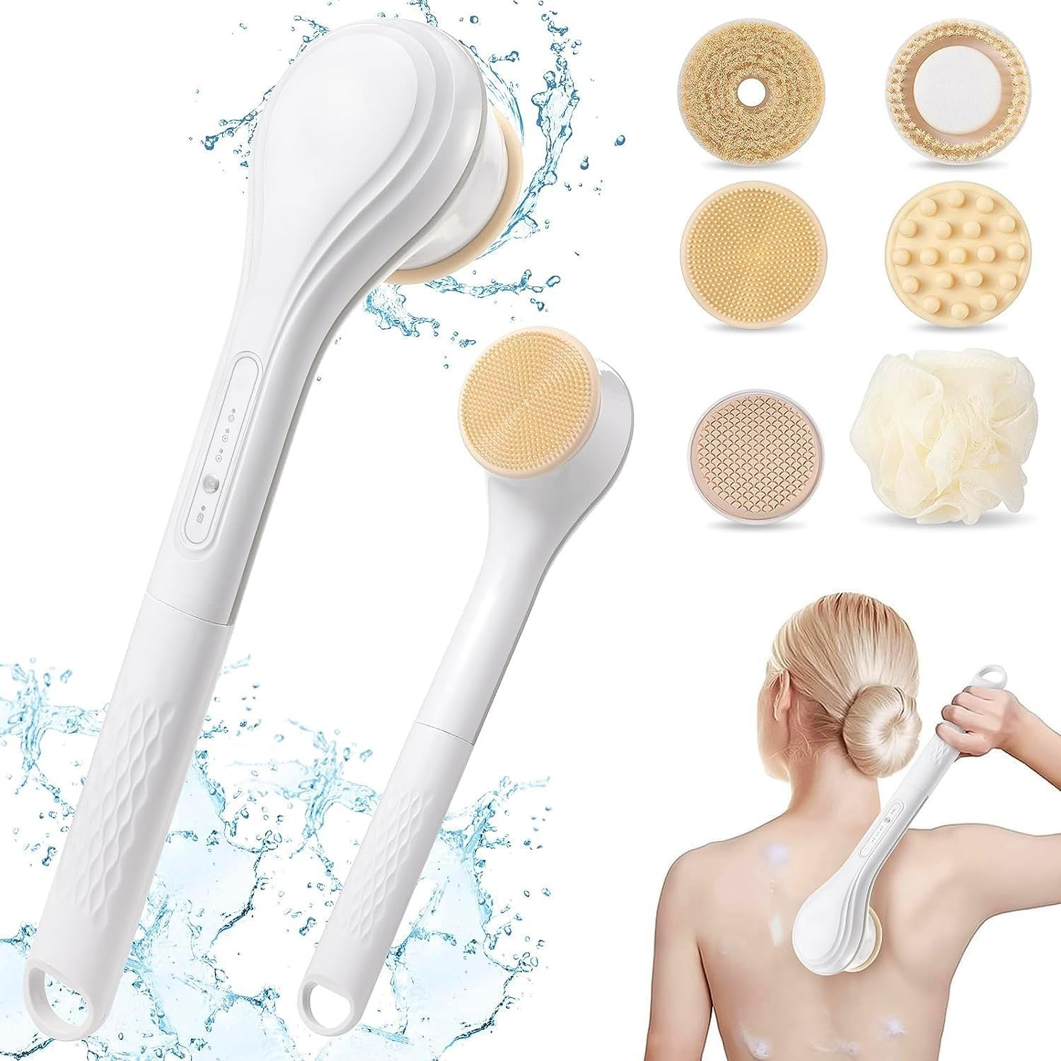 LINGSFIRE Electric Body Brush Rechargeable Back Scrubber for Shower Exfoliating Bath Brush Long Handle for Shower Lotion Applicator for Back Silicone Body Scrubber with 6 Shower Brush Heads image number 3