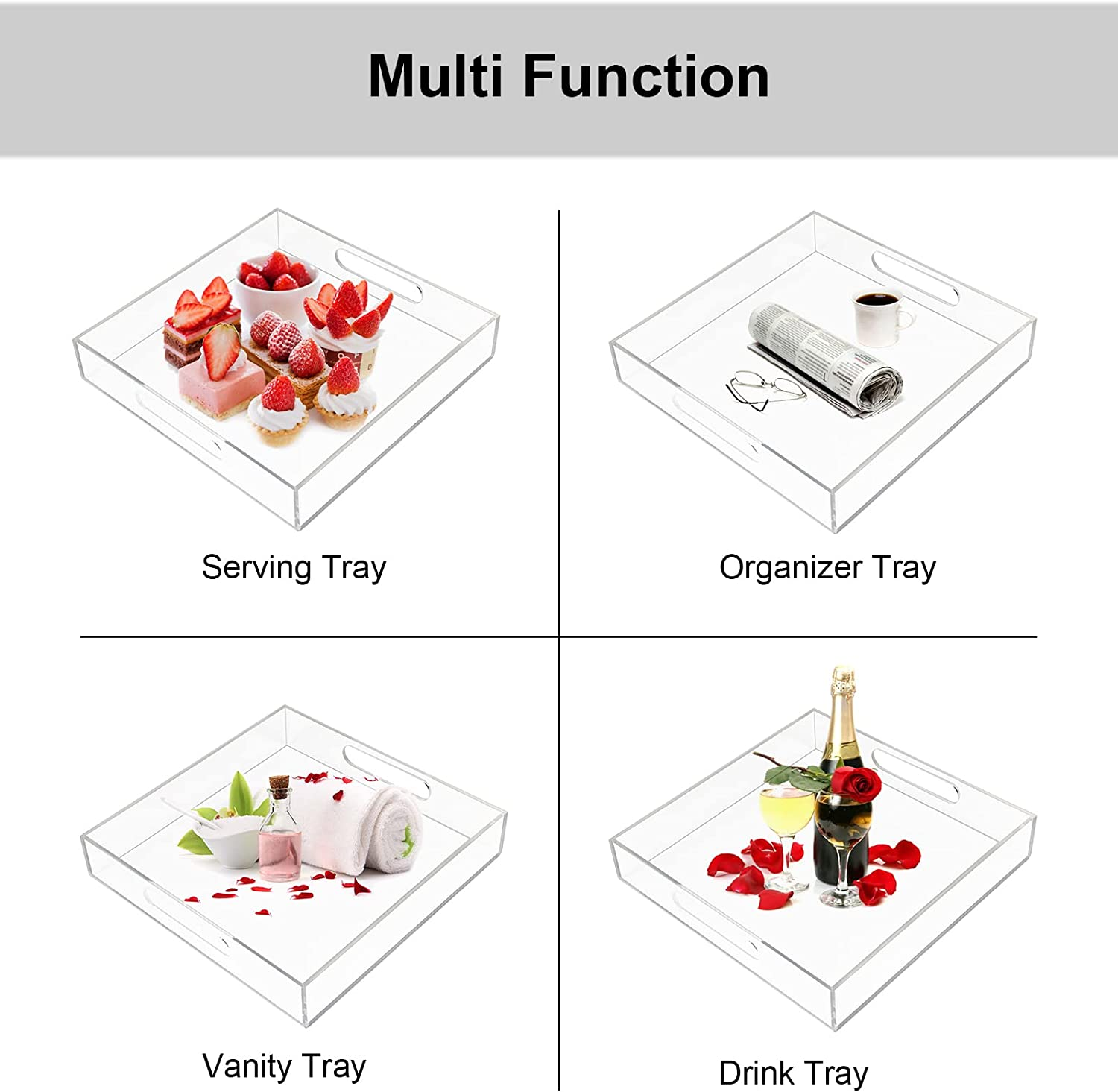 Boxalls Acrylic Serving Tray 12X12 Inch, Clear Rectangular Tray with Handle, Decorative Ottoman Tray Organizer for Appetizer, Breakfast, Coffee Table, Countertop, Bathroom image number 5