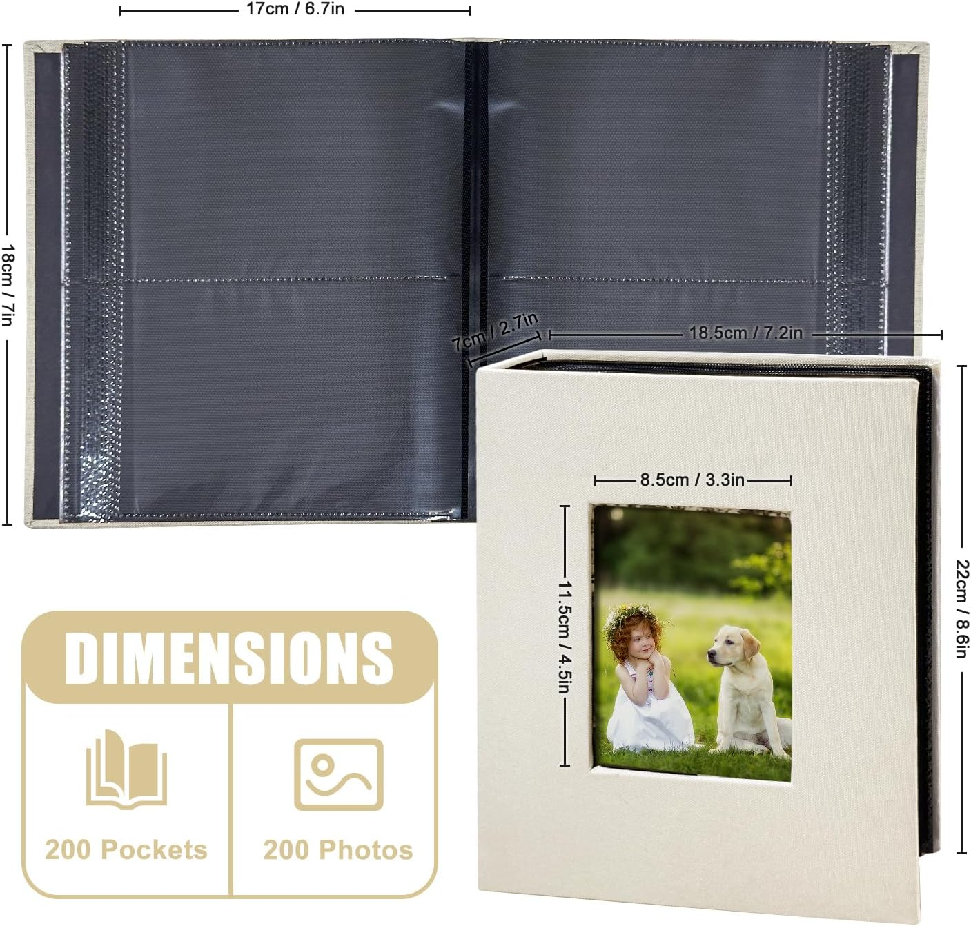 Photo Album 4X6 with 200 Pockets, Slip-In Picture Albums, Linen Cover Memory Book with Front Window, Black Page Vertical Photo Book for Wedding, Family, Anniversary, Baby, Vacation(Beige) image number 2