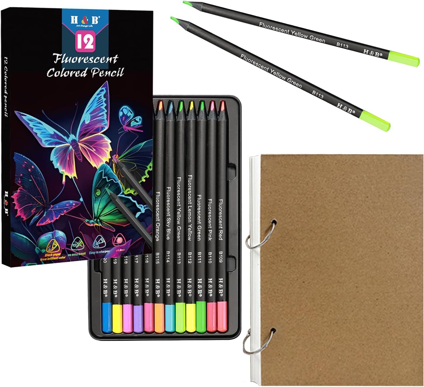 72Pcs Sketching Pencils Set - Drawing Sketch Kit Includes 12 Colored Pencil & 60 Sheets Sketchbook, Gifts for Adults Teens Girls Boys Kids Art Beginners, Fluorescent Colored Set image number 2