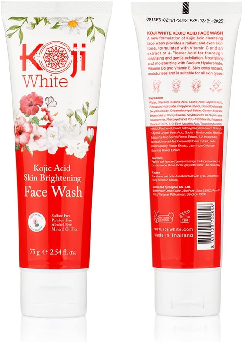 Koji White Kojic Acid Skin Brightening Face Wash for Exfoliating Face, Hydrating Face Moisturizer, Vegan Face Wash, Even Skin Tone with Vitamin C, Flower Extracts, Vitamin E, 2.54 Fl Oz