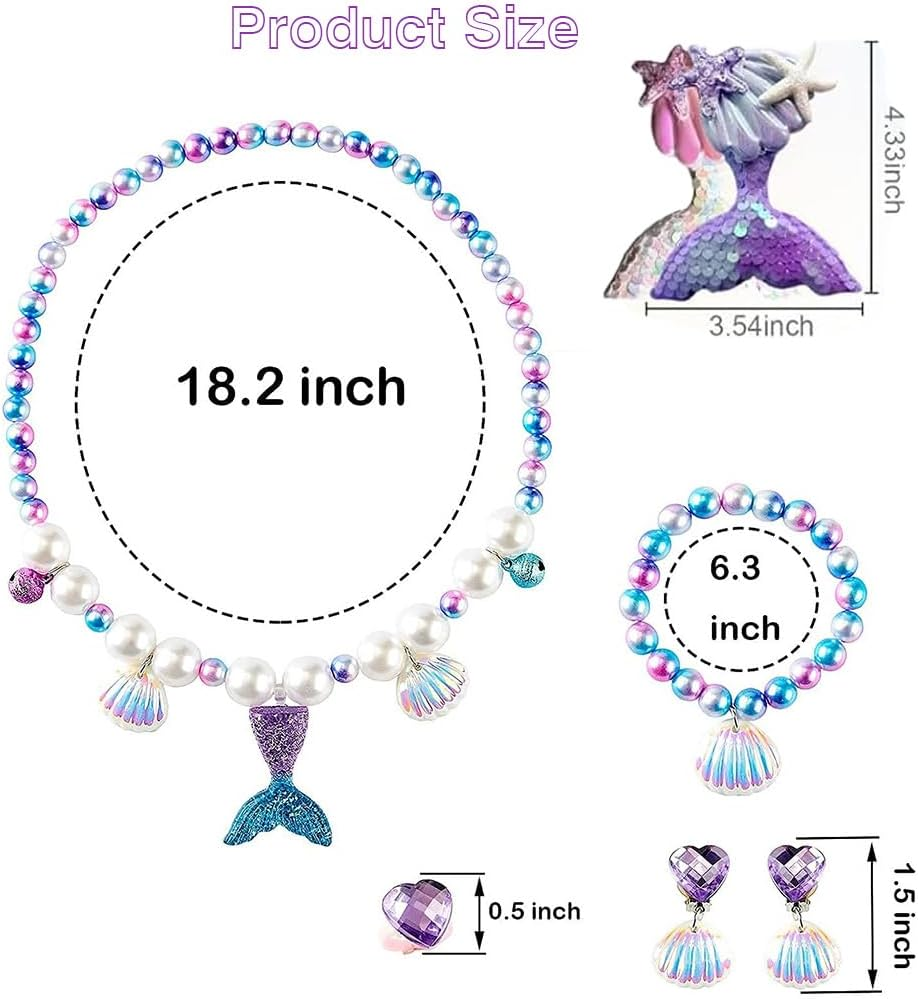 Mermaid Jewelry Set for Girls - 7Pcs Costume Dress up Accessory with Shell Necklace, Bracelet, Earrings, Ring, Hair Clips - Birthday Party Decoration Gift Cosplay
