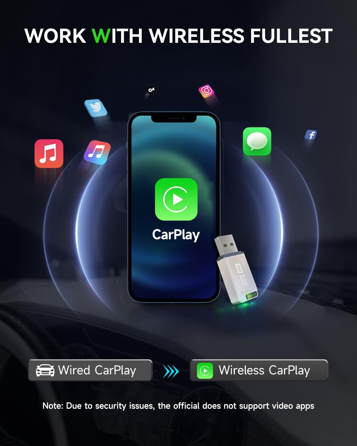 Wierless Carplay Adapter, Spedal CL321 Carplay Dongle - Fast Pairing, Auto Reconnect, Mini Metal Design with USB A-C Adapter, Compatible with Iphone 6+ and Cars from 2016+