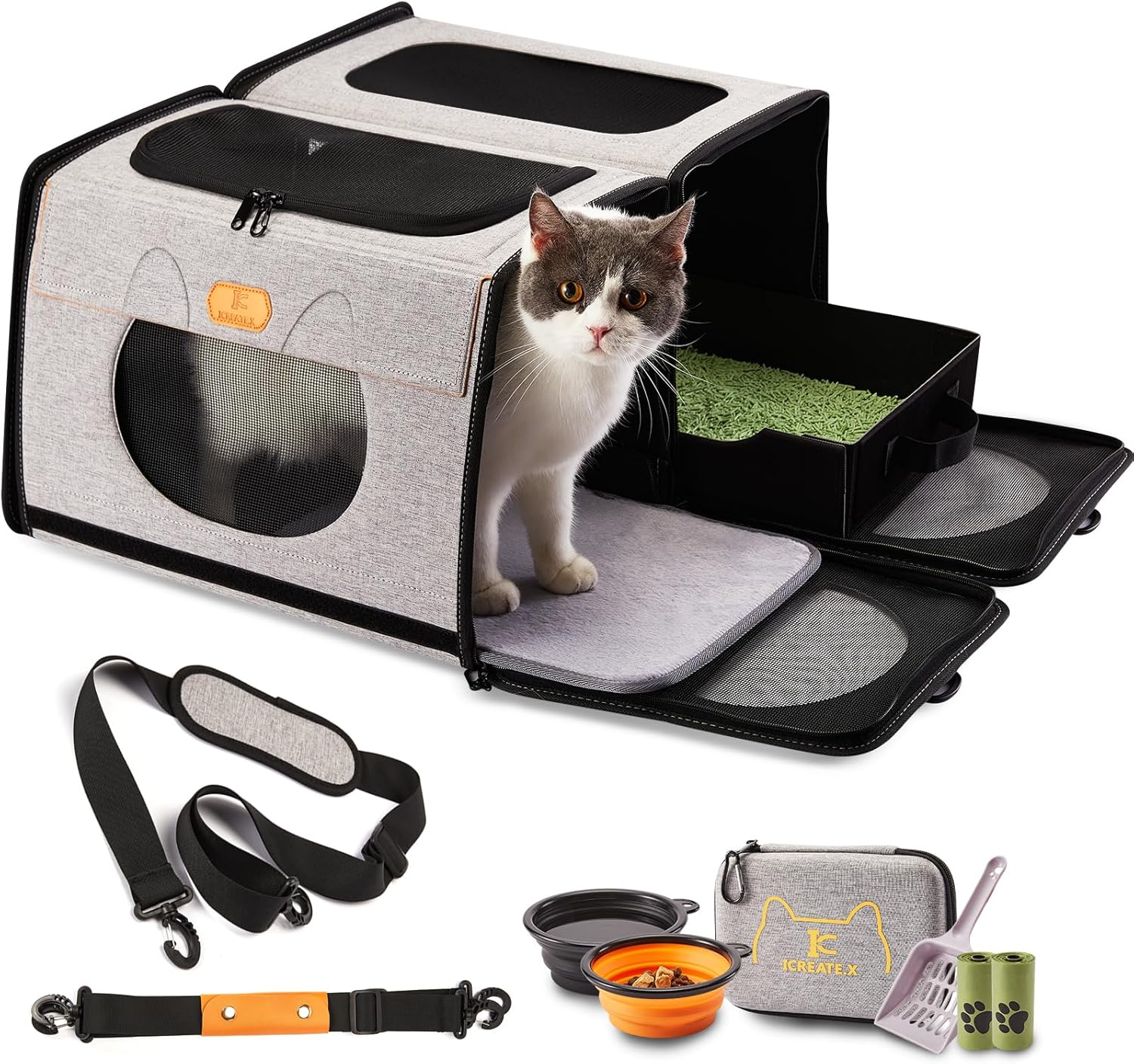 IC ICREATE.X Large Cat Carrier with Litter Box for Car Travel, Pet Carrier Bag 2-In-1，Double Cat Travel Transport Carrier for Long Distance, Collapsible Dog Crate, Cat Bag for Kitten 2 Cats image number 6