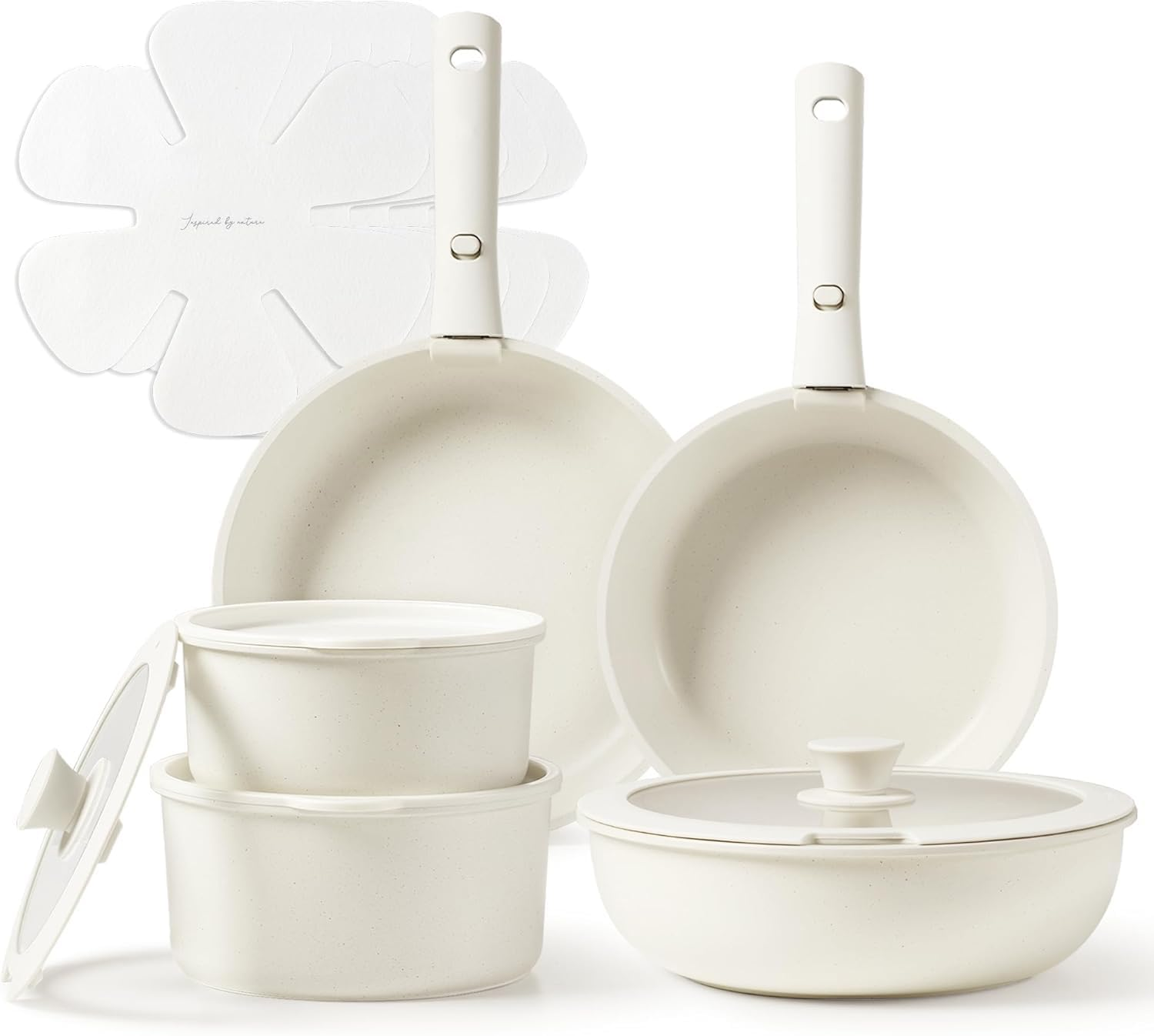 Pots and Pans Set Non Stick, 15Pcs Kitchen Cookware Sets, Dishwasher/Oven/Fridge Safe, Space Saving Pots Set, Nonstick Set with Versatile Detachable Handle, Induction RV Set, Cream (Cream Color)