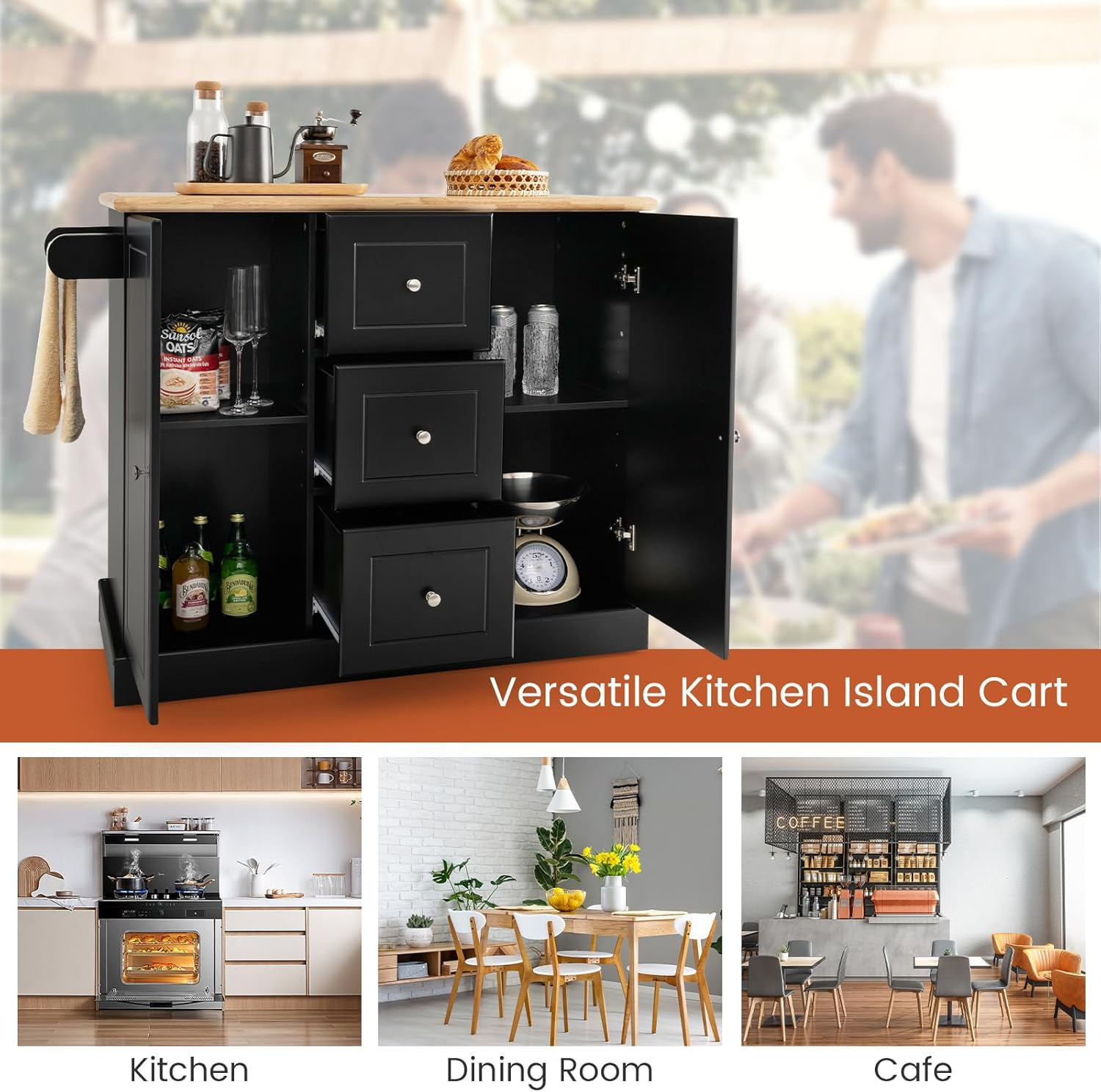 Costway Large Mobile Kitchen Island Cart, Kitchen Island on Hidden Wheels, Rubber Wood Countertop, 3 Deep Drawers, 2 Enclosed Cabinets with Adjustable Shelves, Side Towel Bar & Spice Rack (Black) image number 2