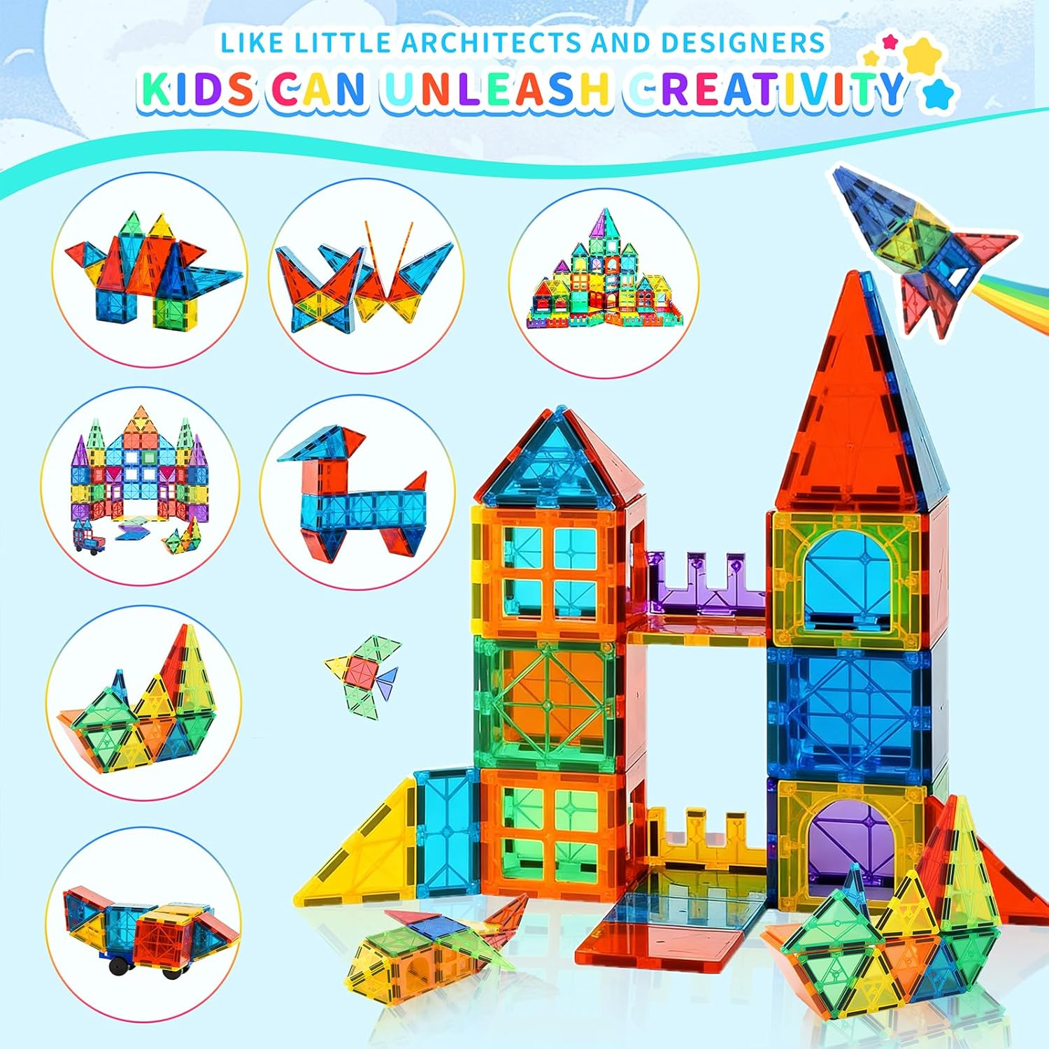 Wukon Magnetic Tiles Kids Toys - 103Pcs Magnet Building Tiles Clear Magnetic 3D Blocks Constructio Playboards, Preschool Learning Sensory Montessori Pretend Toy for 3+ Year Old Boys and Girls image number 5