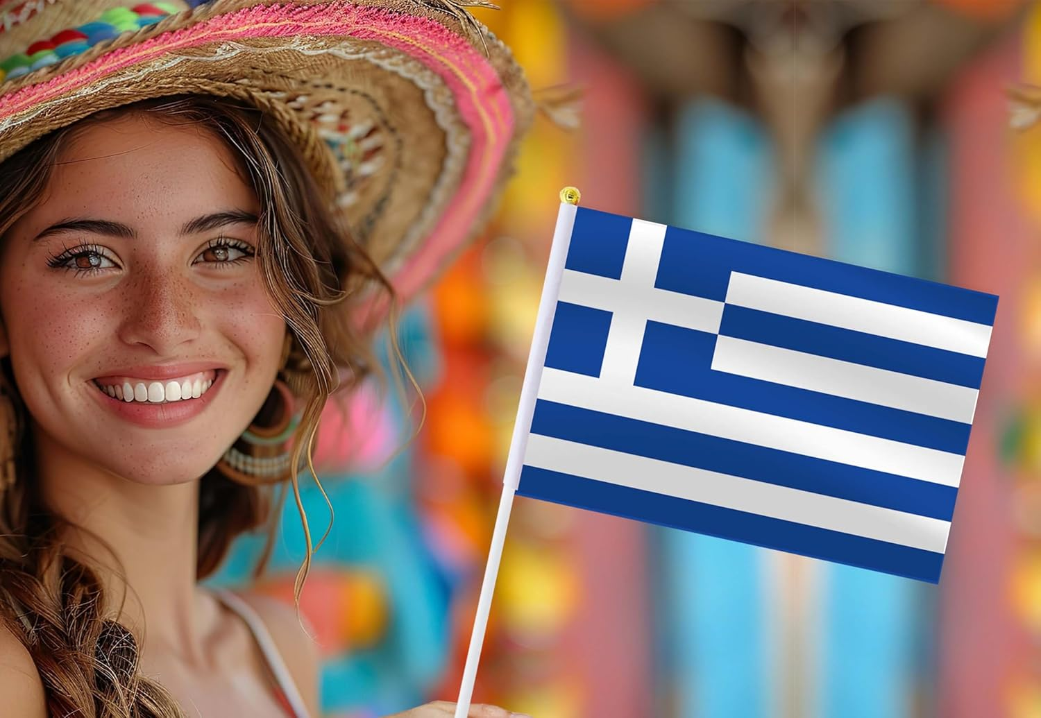 Greece Handheld Small Flag Set,10 PCS 5&times;8 Inch Mini Greek Hand Held Banner,Tiny Digital Printed Polyester Banner image number 1