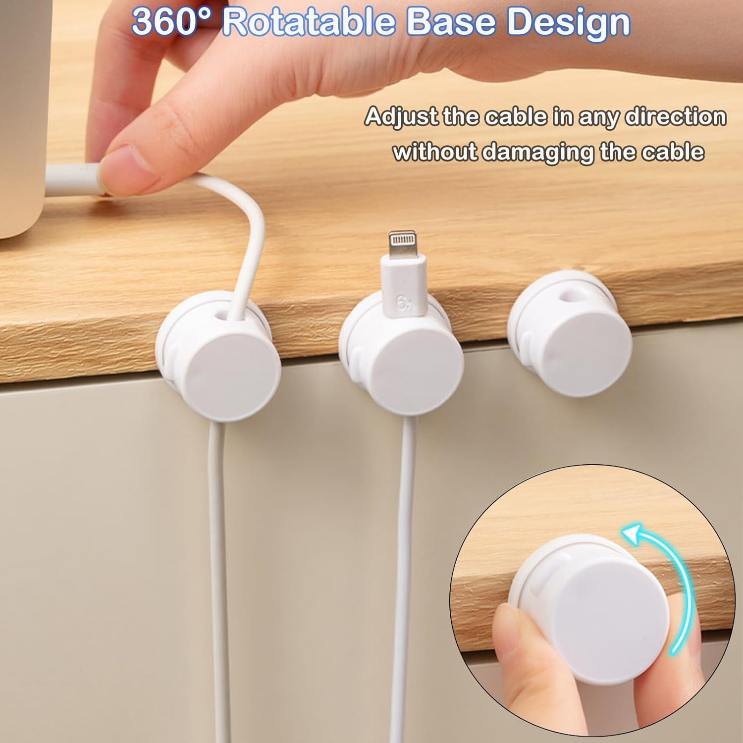 Upgrade Rotatable Cord Organizer,6 Pack Magnetic Cable Clips for Desk,Phone Cord Holder with 360 Rotation,Adhesive Cable Holder Cable Management Clips for Home Nightstand Office,White - White image number 3