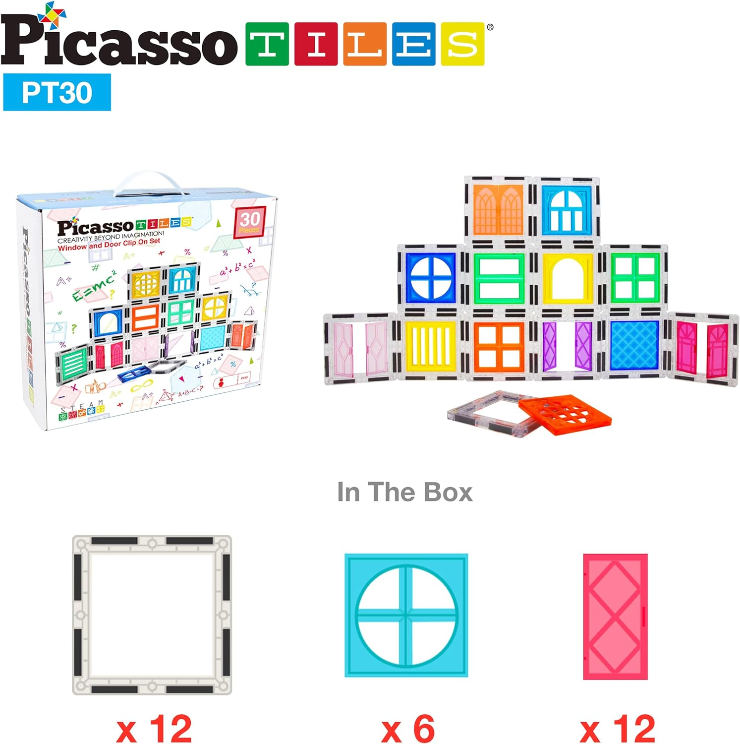 Picassotiles 30 Piece Window and Door Clip on Magnetic Blocks Magnet Tiles Magnets Building Tile Construction Toy Set STEM Education Toys Learning Kit Stacking Block Playset Boys & Girls Age 3+ PT30 image number 1