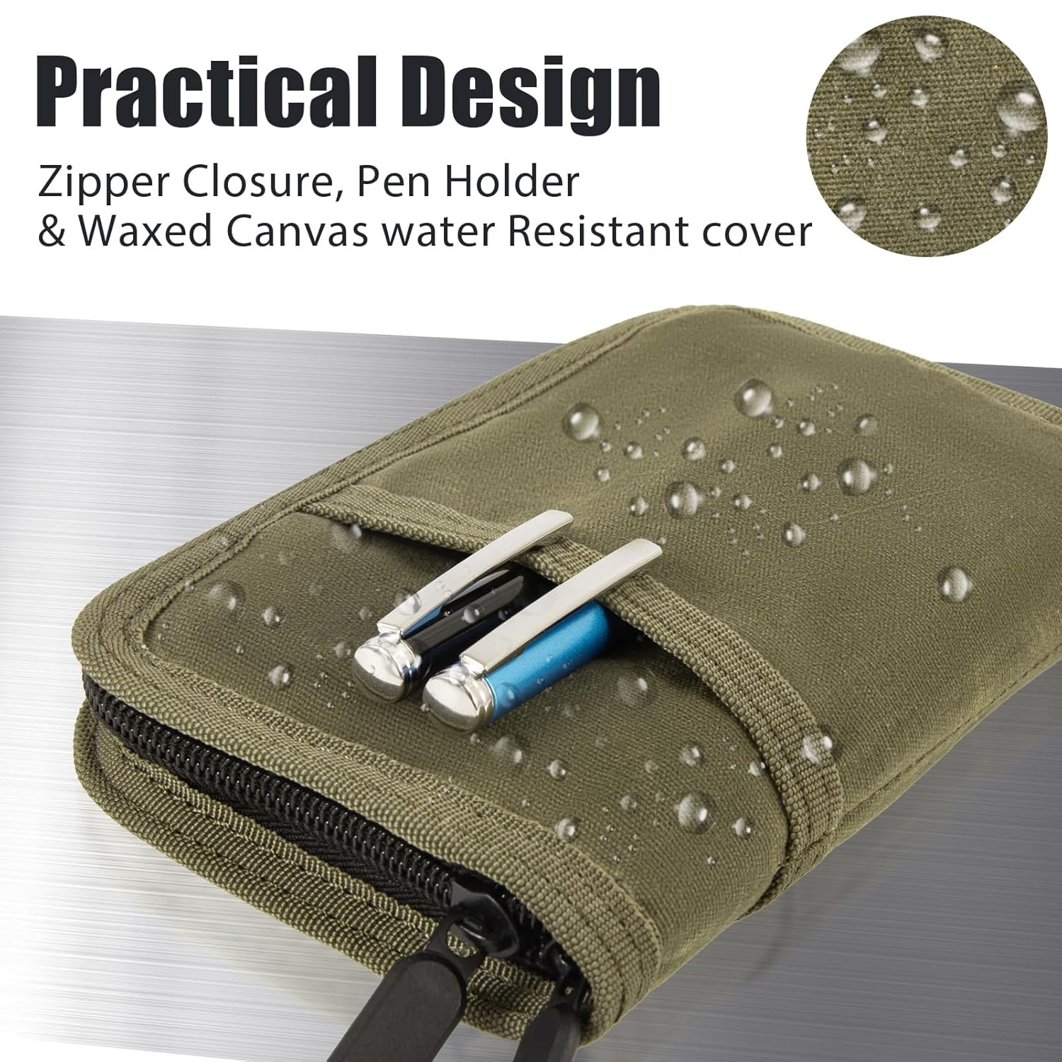 HDBHBH Field Notes Cover for 3.5 X 5.5 Notebooks, Waxed Canvas Journal Cover with Zipper Pen Holder &ndash; Fits Moleskine Cahier & Field Notes, Water Resistant Pocket Planner Cover (Army Green) image number 1