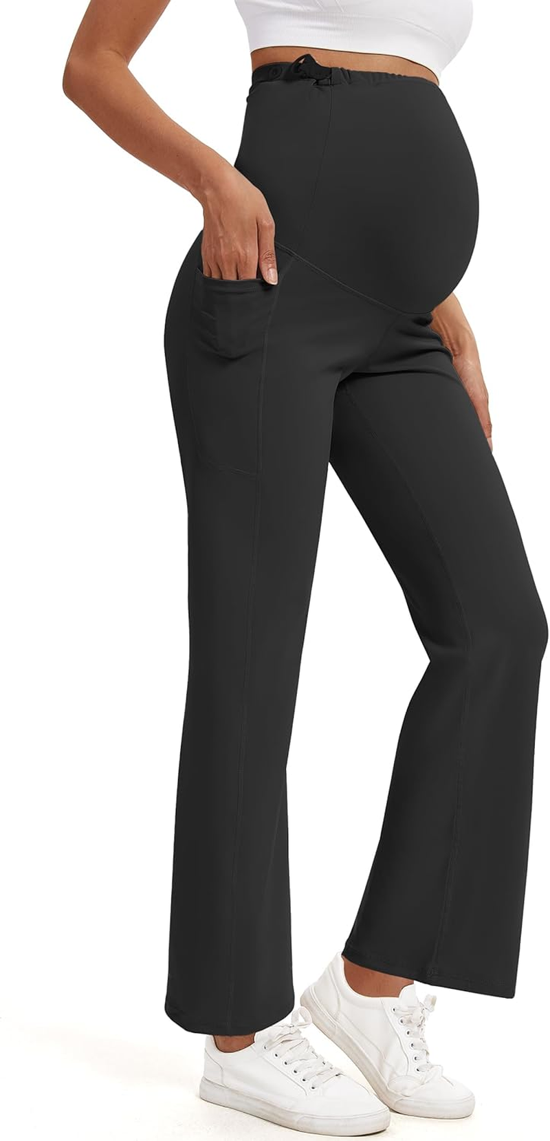 M MOTEEPI Maternity Yoga Pants over the Belly with Pockets - Stretchy Pregnancy Wide Leg Dress Trousers for Work Lounge