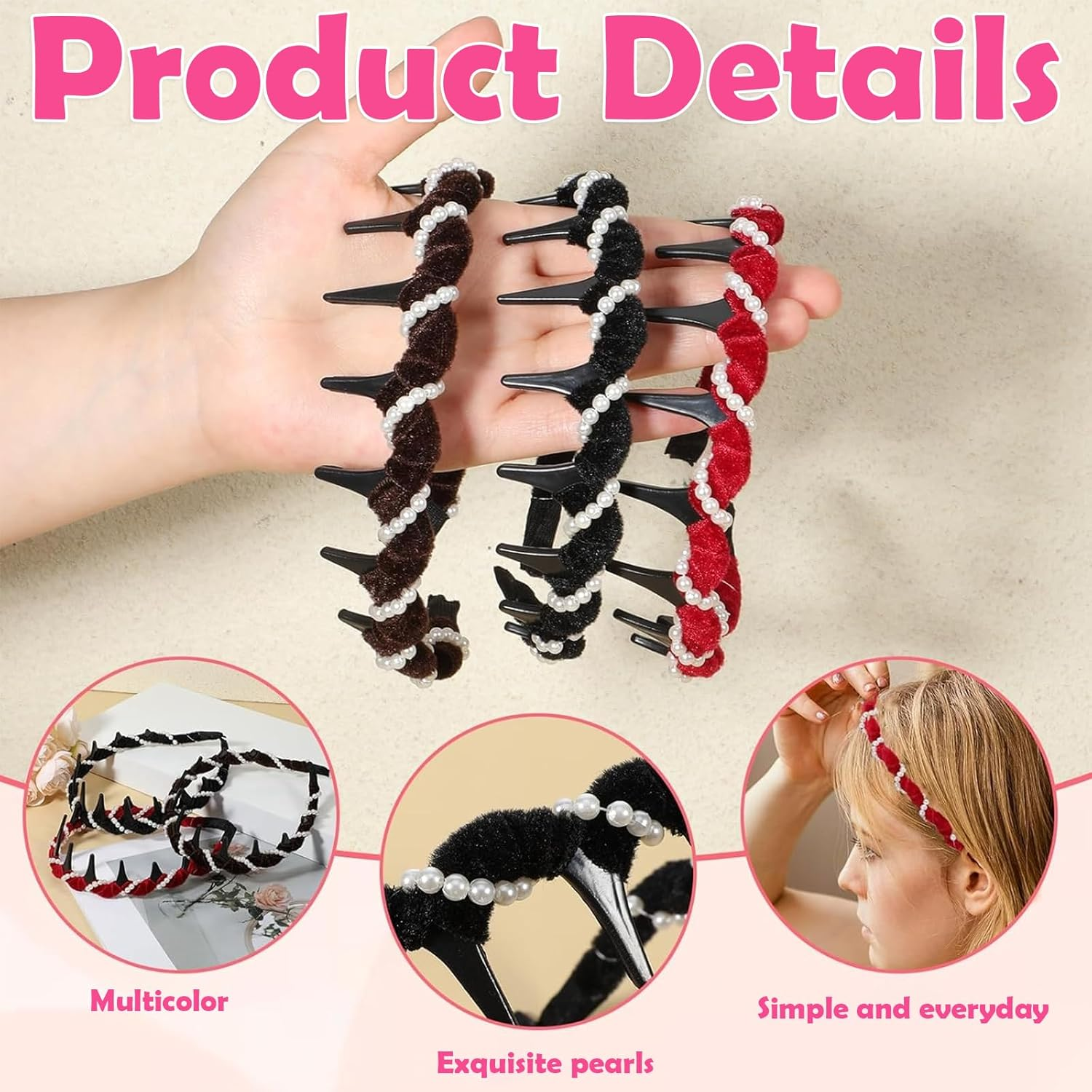 ASOMI 3 Pieces Vintage High Cranium Faux Pearl Headband, Elegant Pearl Headbands for Women and Girls, Decorative Hair Bands (Brown, Black, Red) image number 3