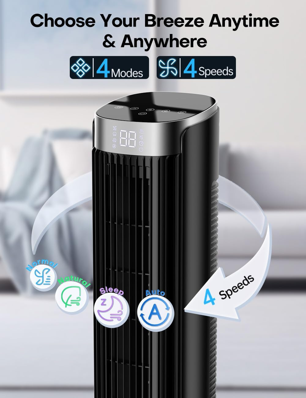 COOLECH 110CM Bladeless Tower Fans W/4 Speeds & 4 Modes, Remote Control, 25Db Quiet for Sleep, 90&deg; Oscillating, 12 Timer, 8.5M/S, Cover up to 25㎡, Display Auto-Off, 60W Cooling Fan for Room Bedroom image number 6