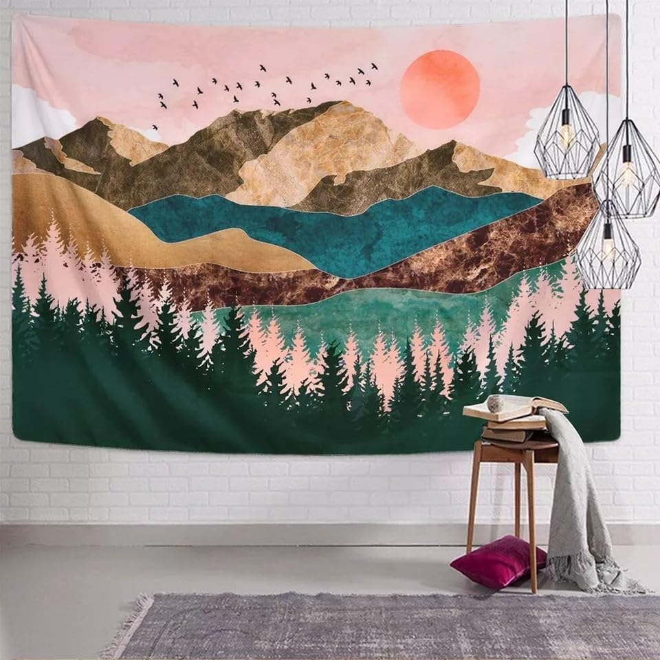 Mountain Tapestry &ndash; 200X150Cm Boho Wall Hanging with Sunrise, Forest, Birds & Pink Sky &ndash; Abstract Nature Landscape Art for Bedroom, Meditation, Living Room &ndash; Steadyink&reg; image number 2