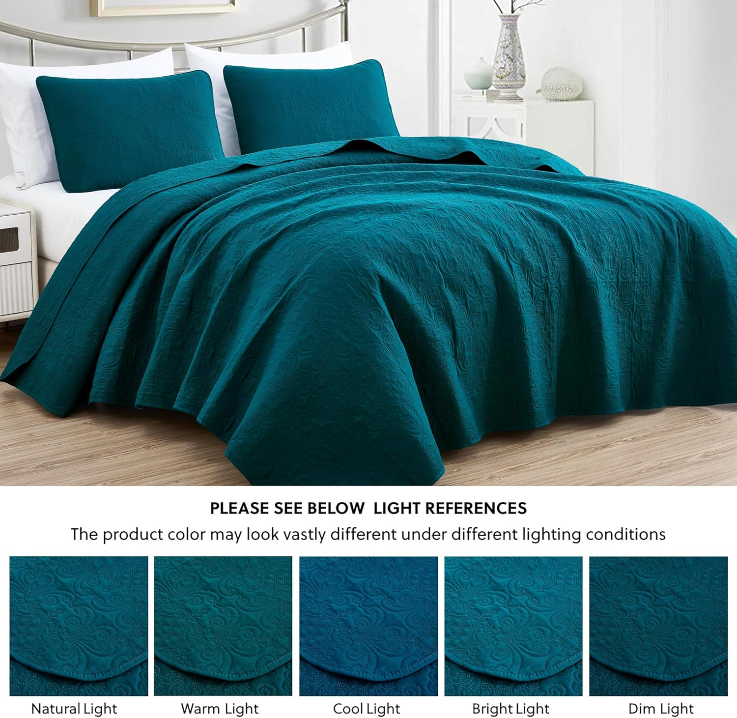 Chezmoi Collection Luca 3-Piece Oversized Bedspread Set, Queen Size, Teal - Summer Quilt Lightweight Microfiber Bedspread 100 X 106 - Floral Medallion Pattern Coverlet for All Season image number 3